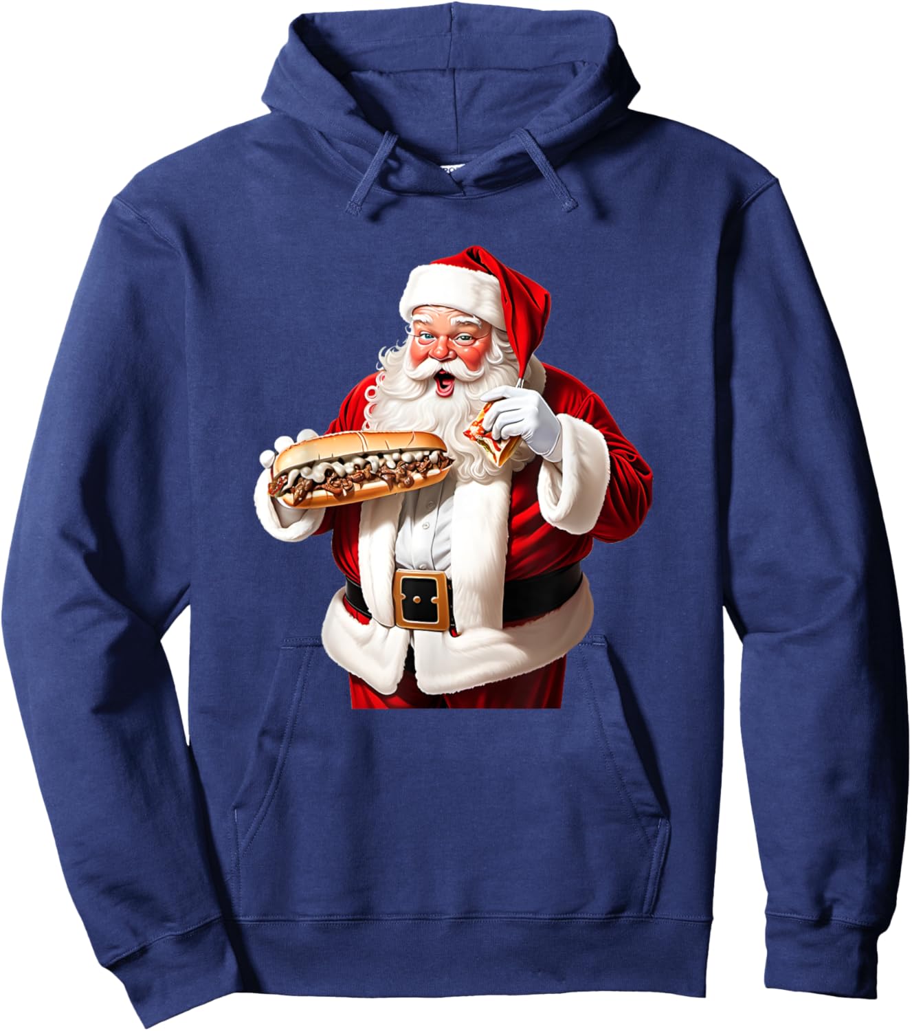 Santa Claus Eating a Philly Cheesesteak on Christmas Eve Hoodie - Hoodie | Navy