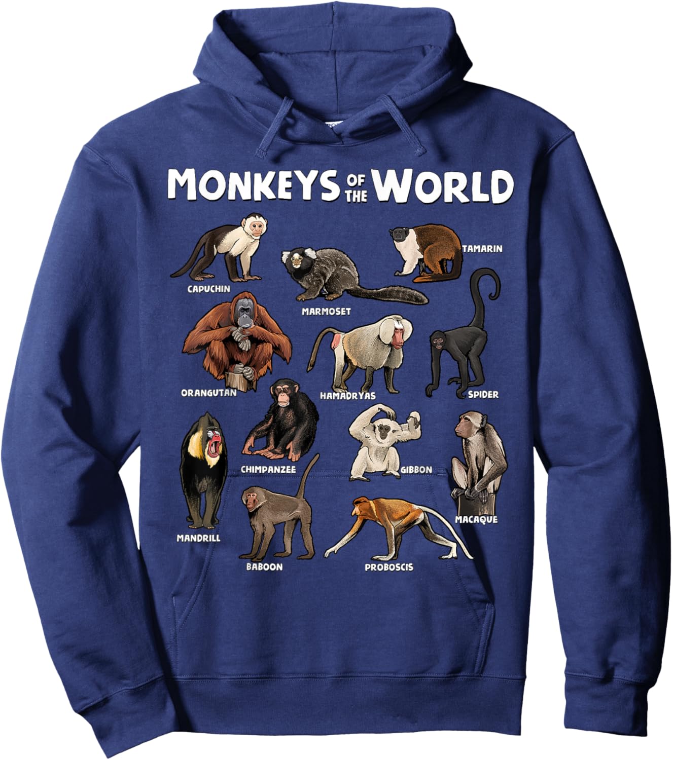 Monkeys of the World Realistic Animal Species Design Hoodie - Hoodie | Navy