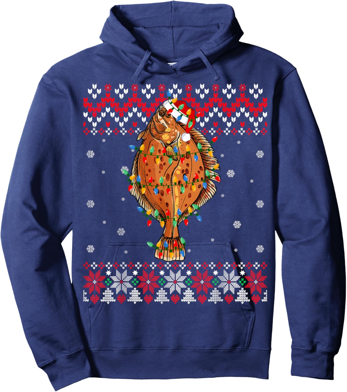 Flounder Fish Santa Hat Men Women Kids Ugly Christmas Light Hoodie - Hoodie | Navy