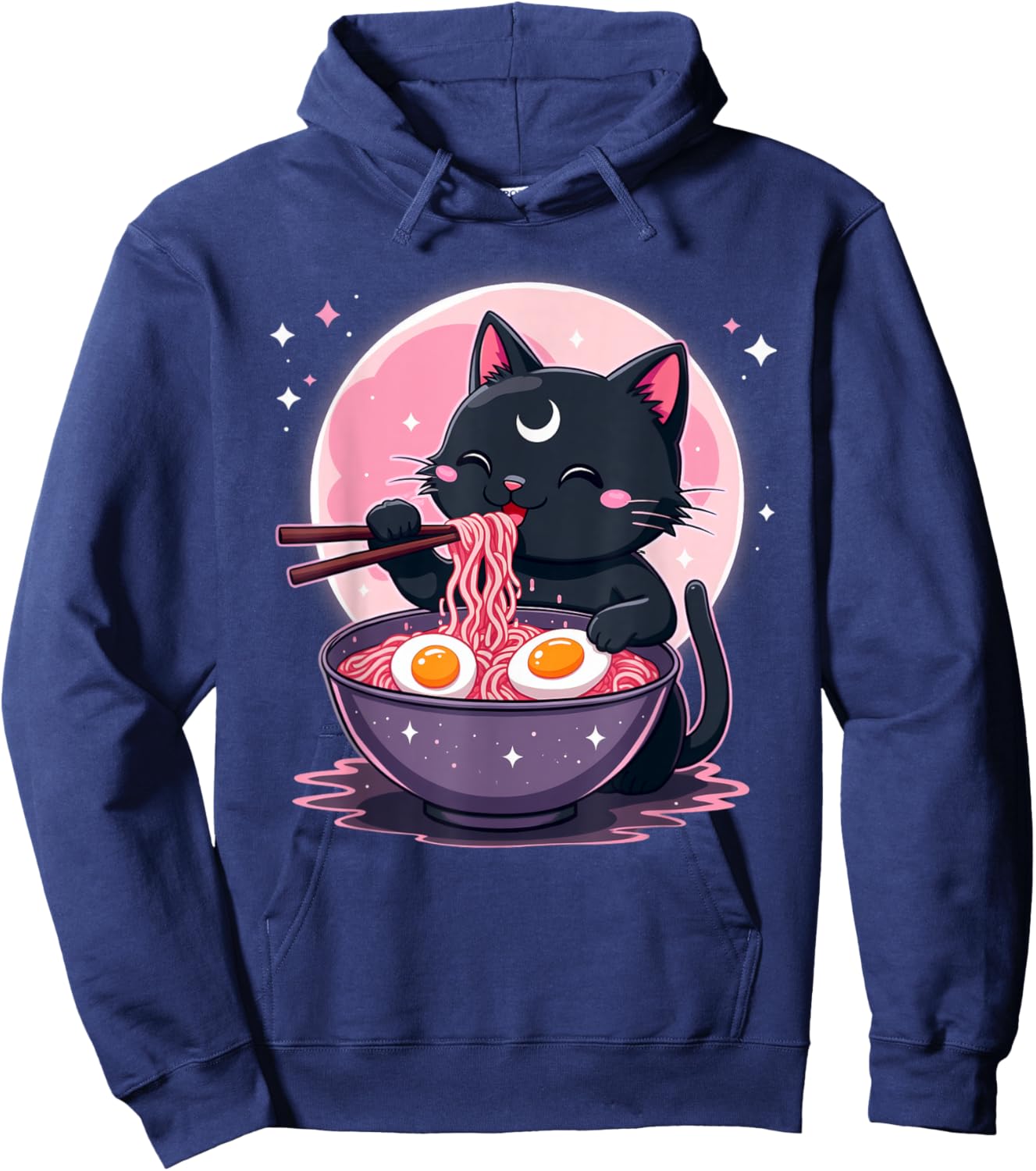 Pastel Goth Aesthetic Kawaii Creepy Cat Eating Ramen Noodles Hoodie - Hoodie | Navy