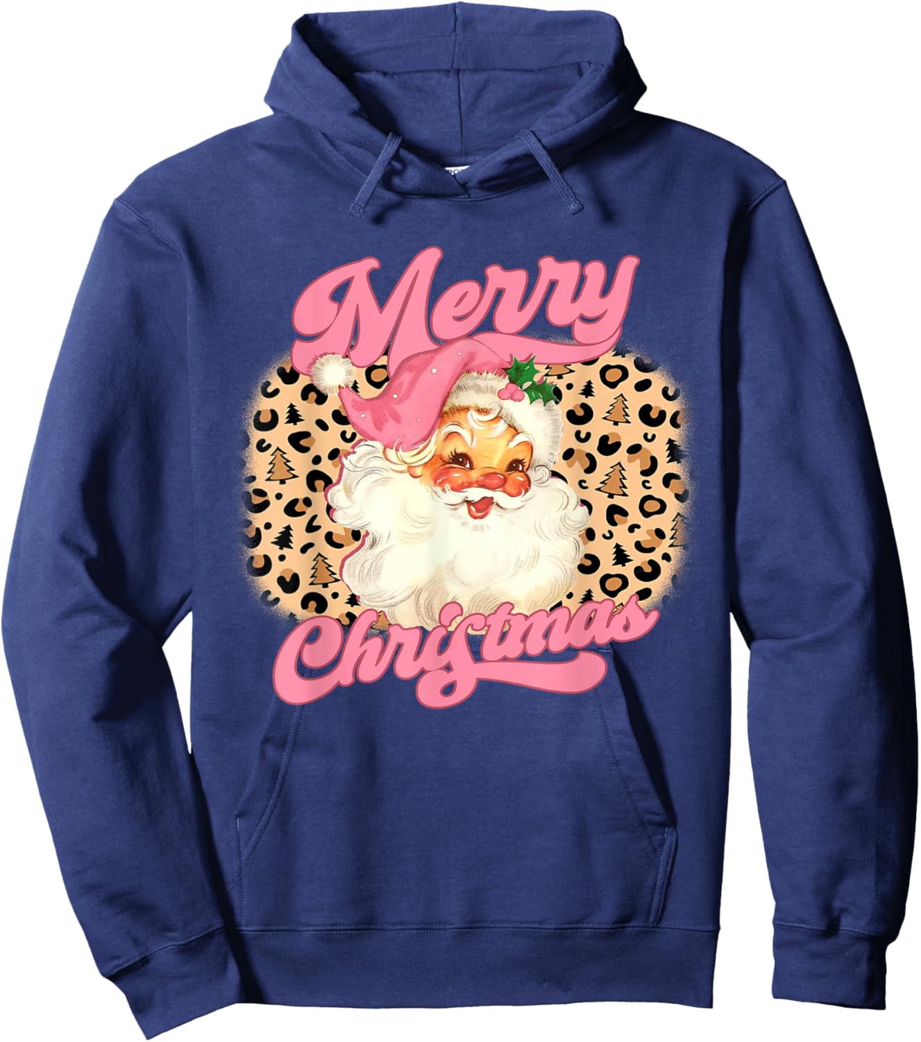 Merry Christmas Pink Santa Claus Leopard Print Women Girls Hoodie - Hoodie | Navy