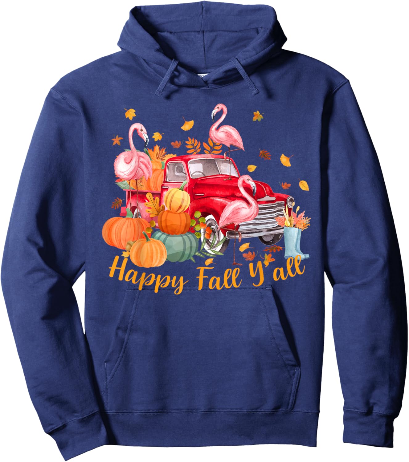 Cute Happy Fall Y'all Flamingo Pumpkin Truck Girls Kids Hoodie - Hoodie | Navy