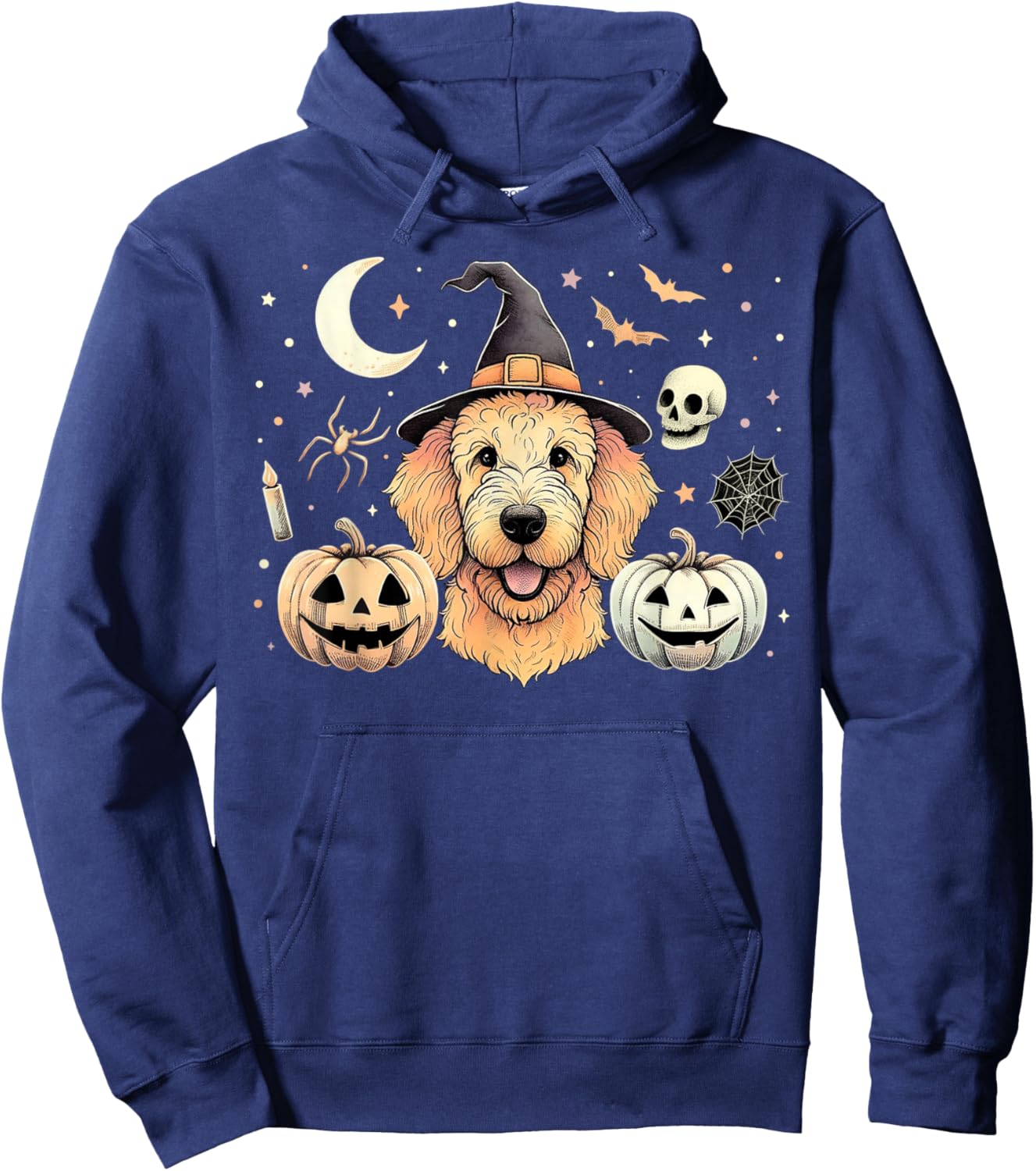 Halloween Goldendoodle and Pumpkins Bats Moon Spooky Holiday Hoodie - Hoodie | Navy