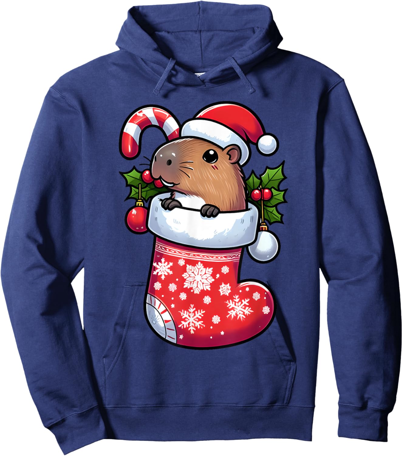 Capybara in Christmas Stocking Candy Cane Santa Hat Pajama Hoodie - Hoodie | Navy