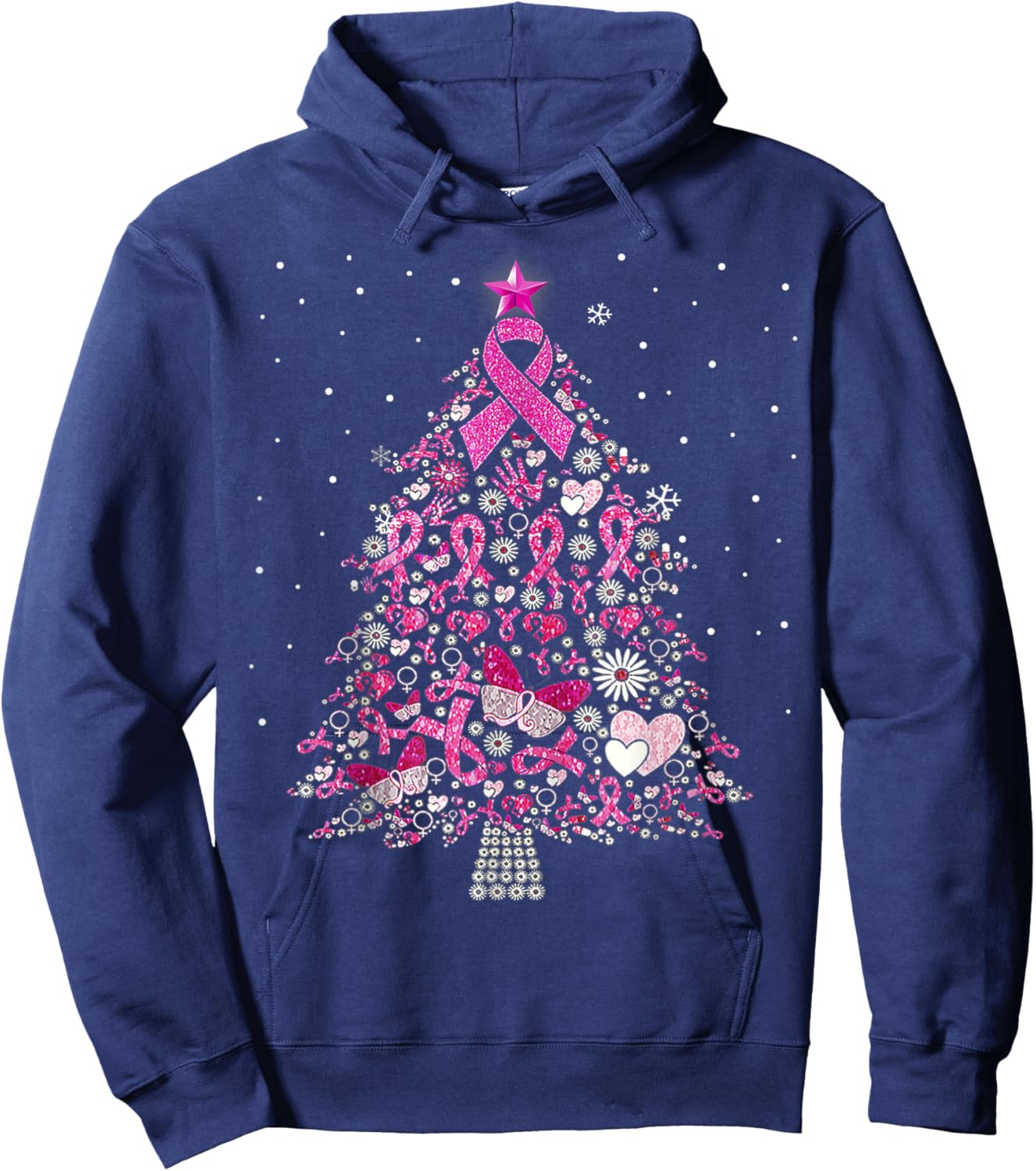 Breast Cancer Christmas Tree Snowflakes Ornament Decoration Hoodie - Hoodie | Navy