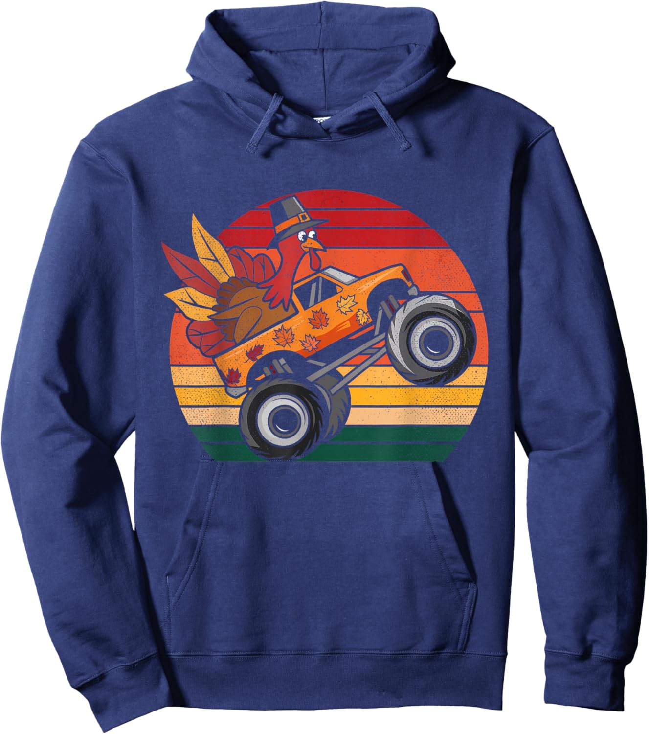 Kids Monster Truck Turkey Sunset Retro Thanksgiving Boy Kid Hoodie - Hoodie | Navy