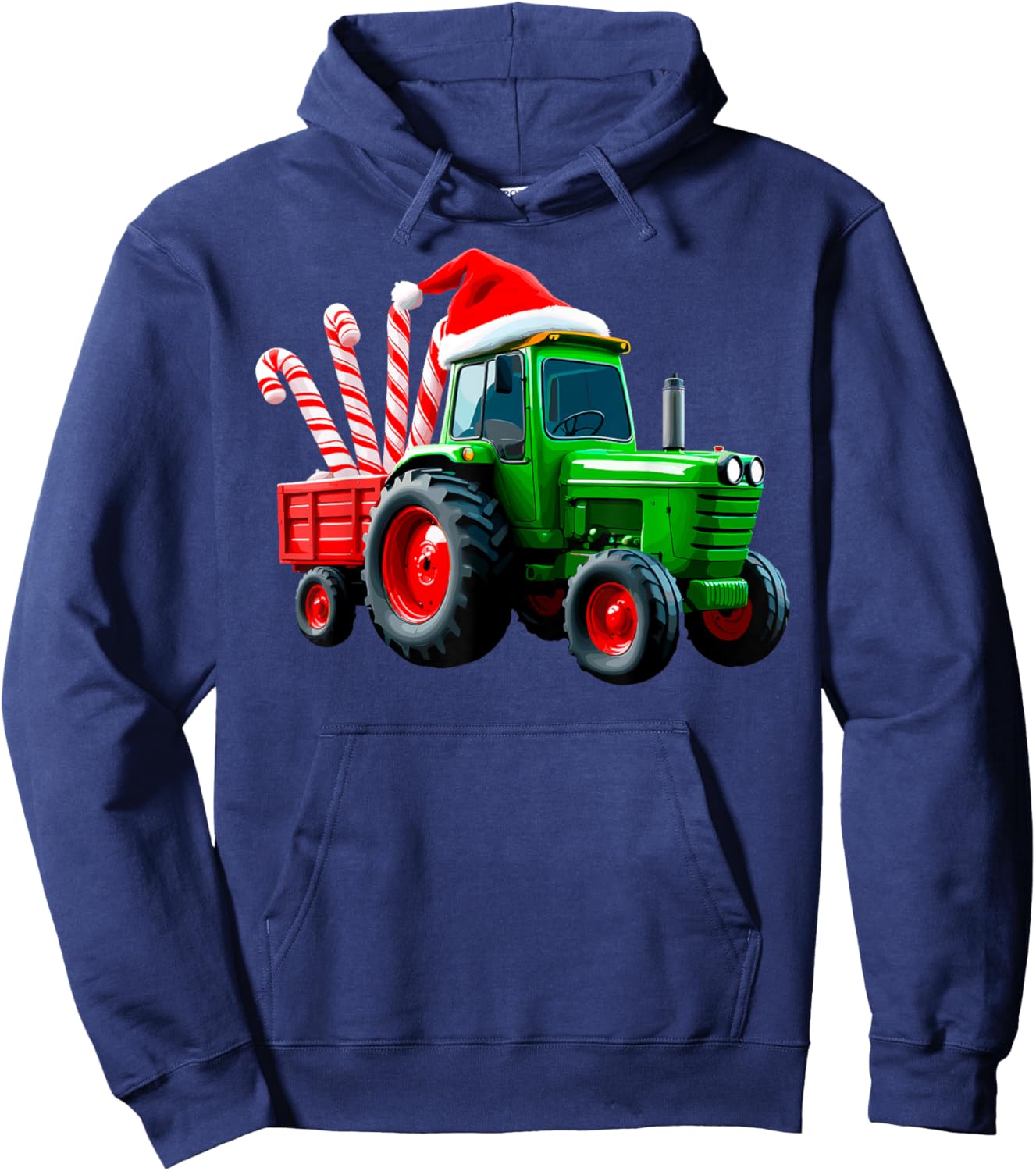 Tractor with Trailer Candy Cane Santa Farm Farmer Christmas Hoodie - Hoodie | Navy
