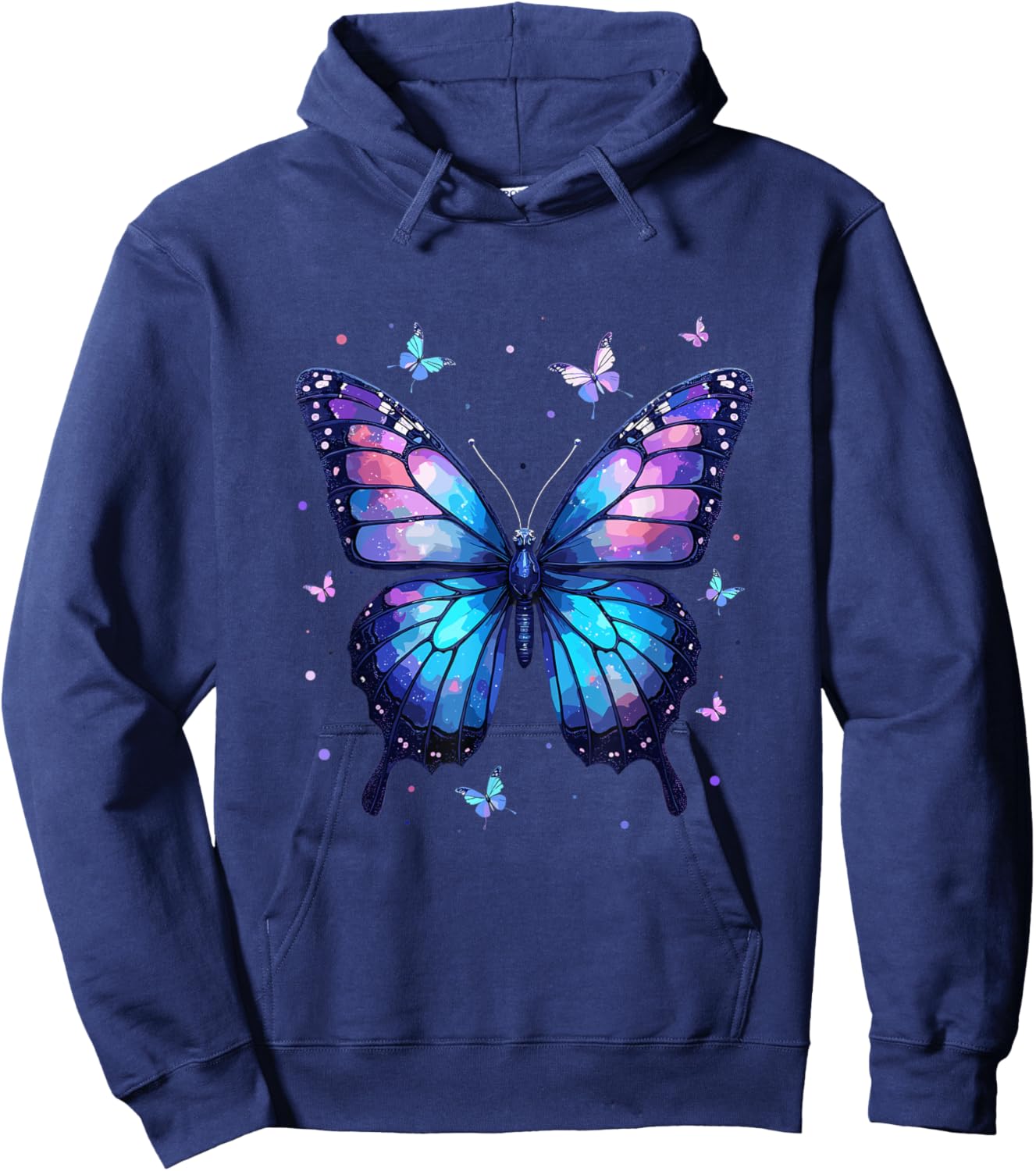 Mystical Artistry -Child Butterfly Abstract Modern Black , Small, Short Sleeve Hoodie - Hoodie | Navy