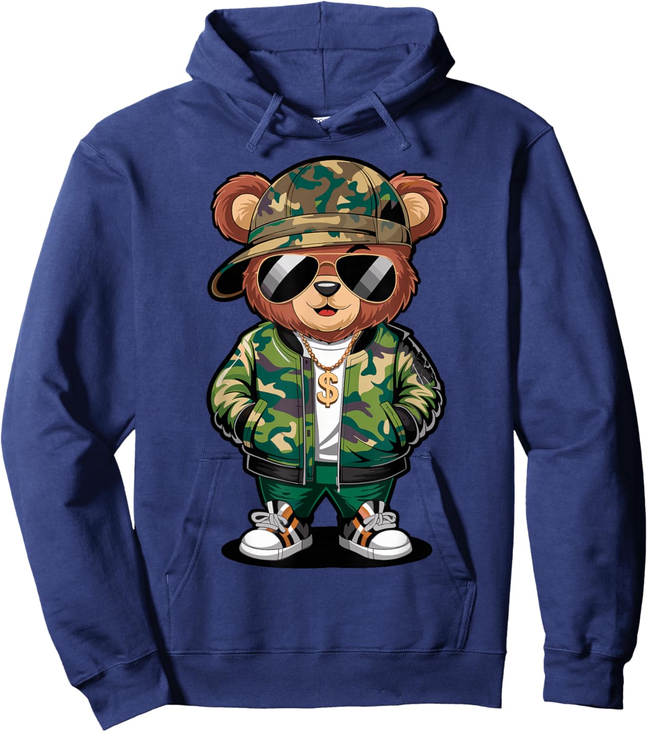 Hip Hop Teddy Bear Camouflage Rap Music Hoodie - Hoodie | Navy