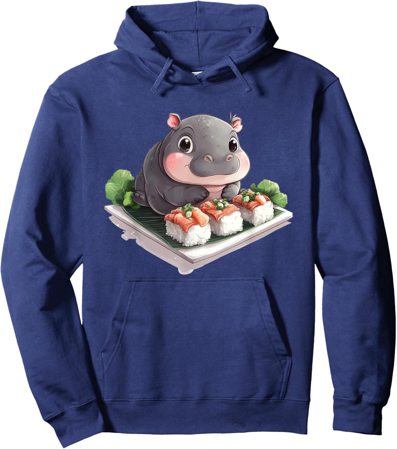 Cute lovable Moo Deng baby fat hippopotamus eating sushi Hoodie - Hoodie | Navy