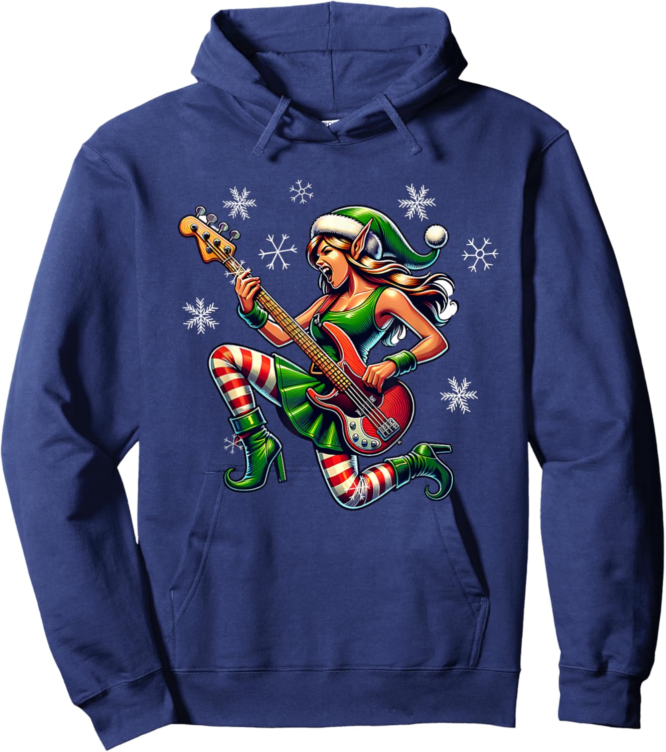 Rock & Roll Christmas Elf Bass-Guitar Bassist Christmas Hoodie - Hoodie | Navy