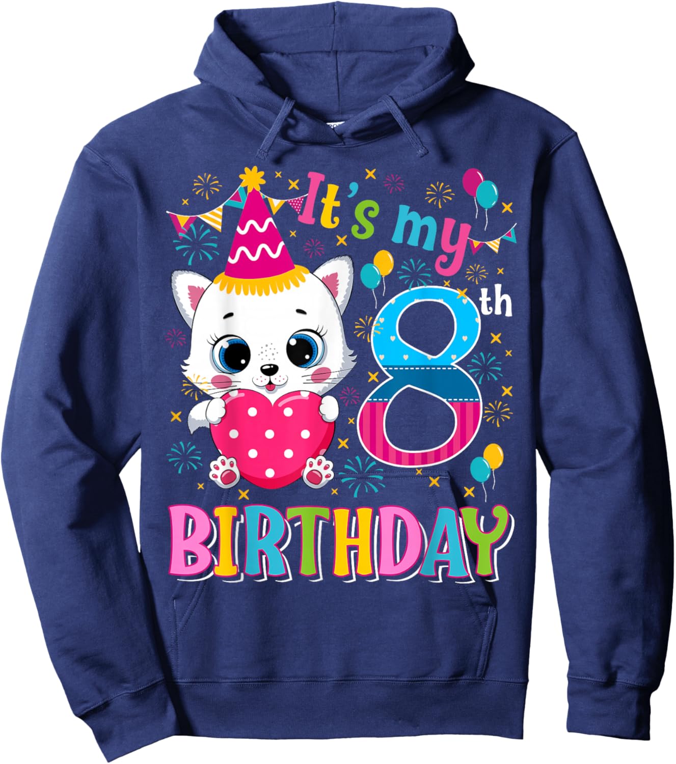 8th Birthday Cat Shirt Girls Kitten Birthday Girl 8 Year Old Hoodie - Hoodie | Navy