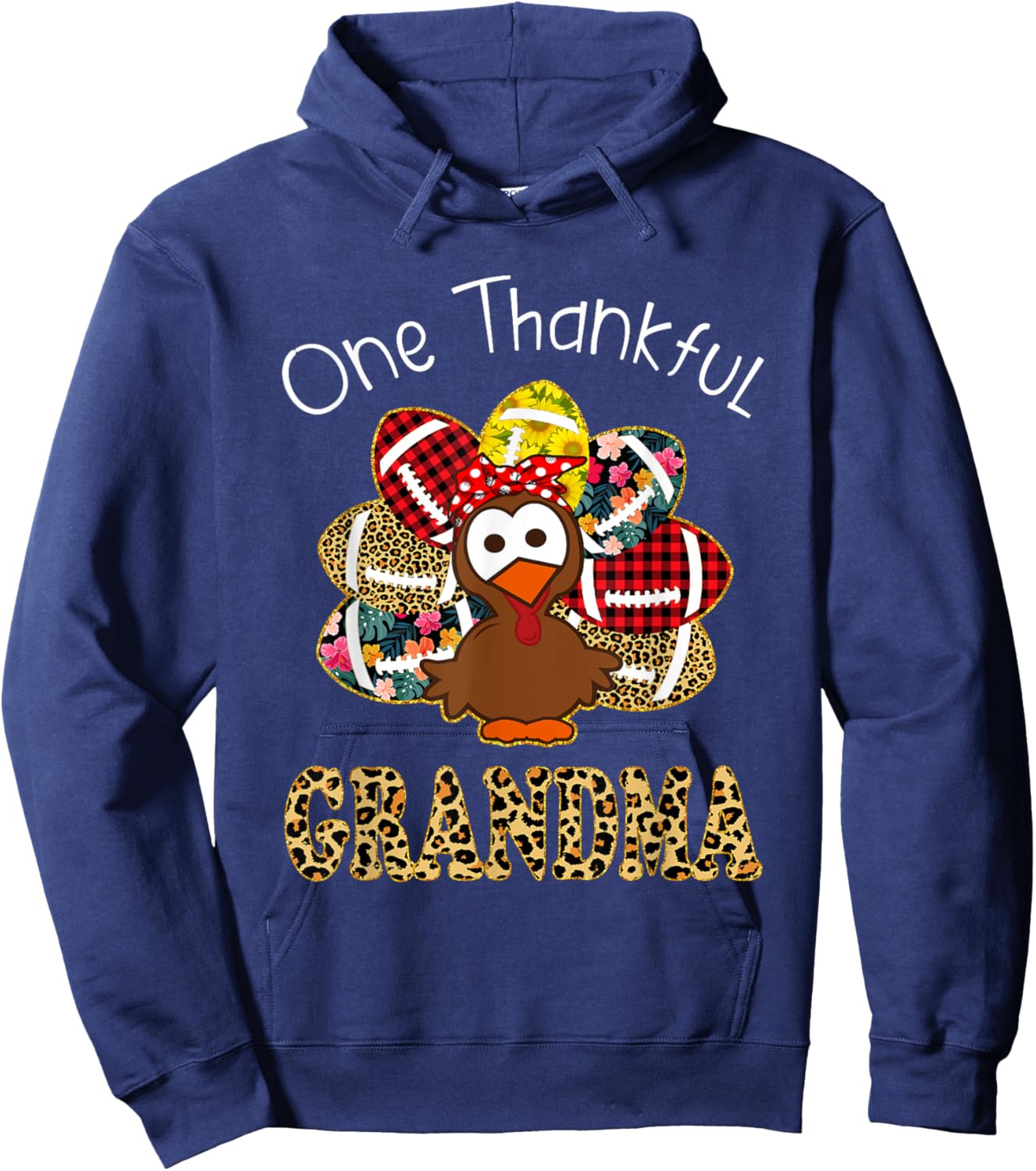 One Thankful Grandma Turkey Leopard Fall Thanksgiving Gift Hoodie - Hoodie | Navy