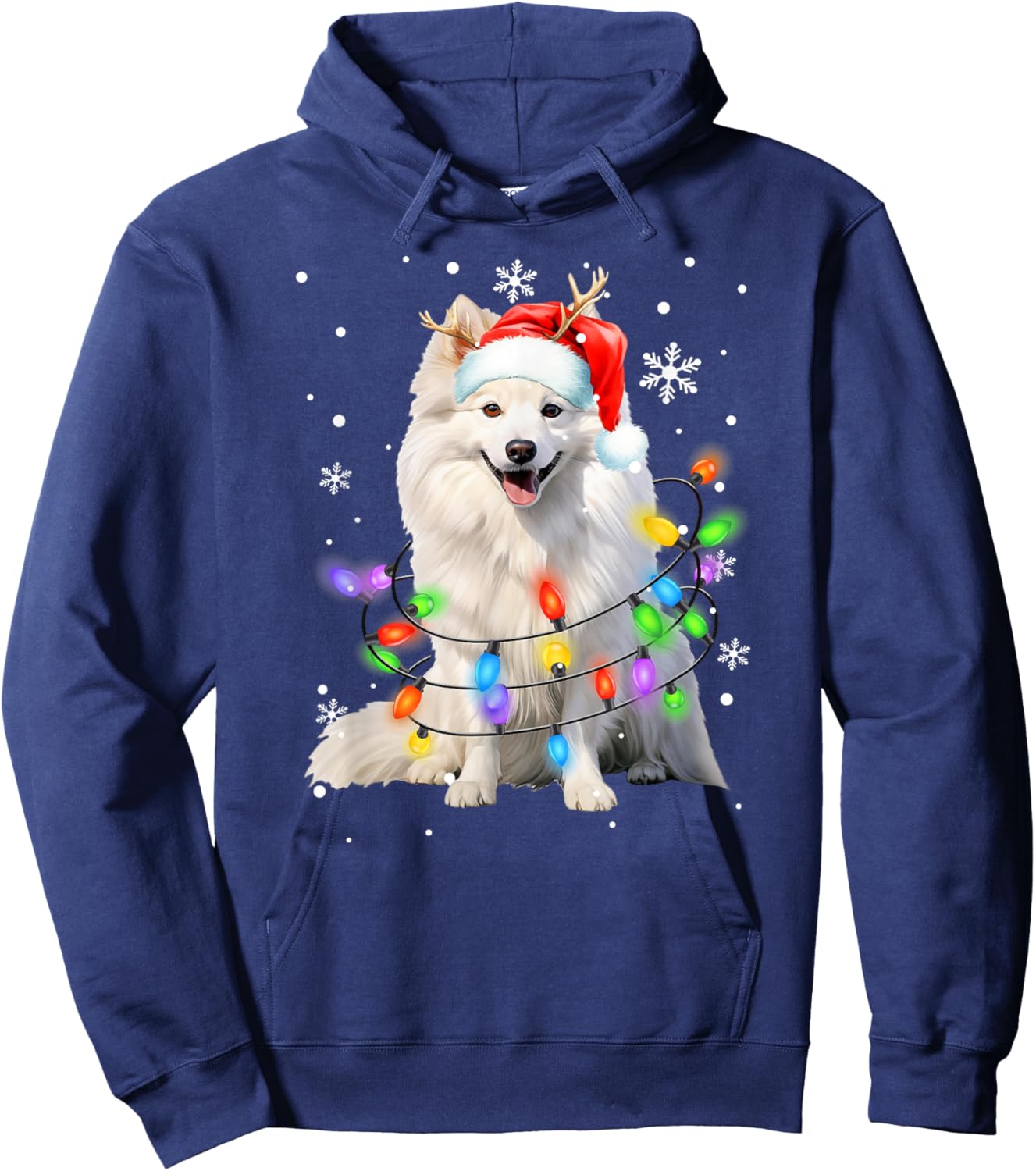 American Eskimo dog Christmas Sweater Dog Xmas Lights Men Women Kids Hoodie - Hoodie | Navy