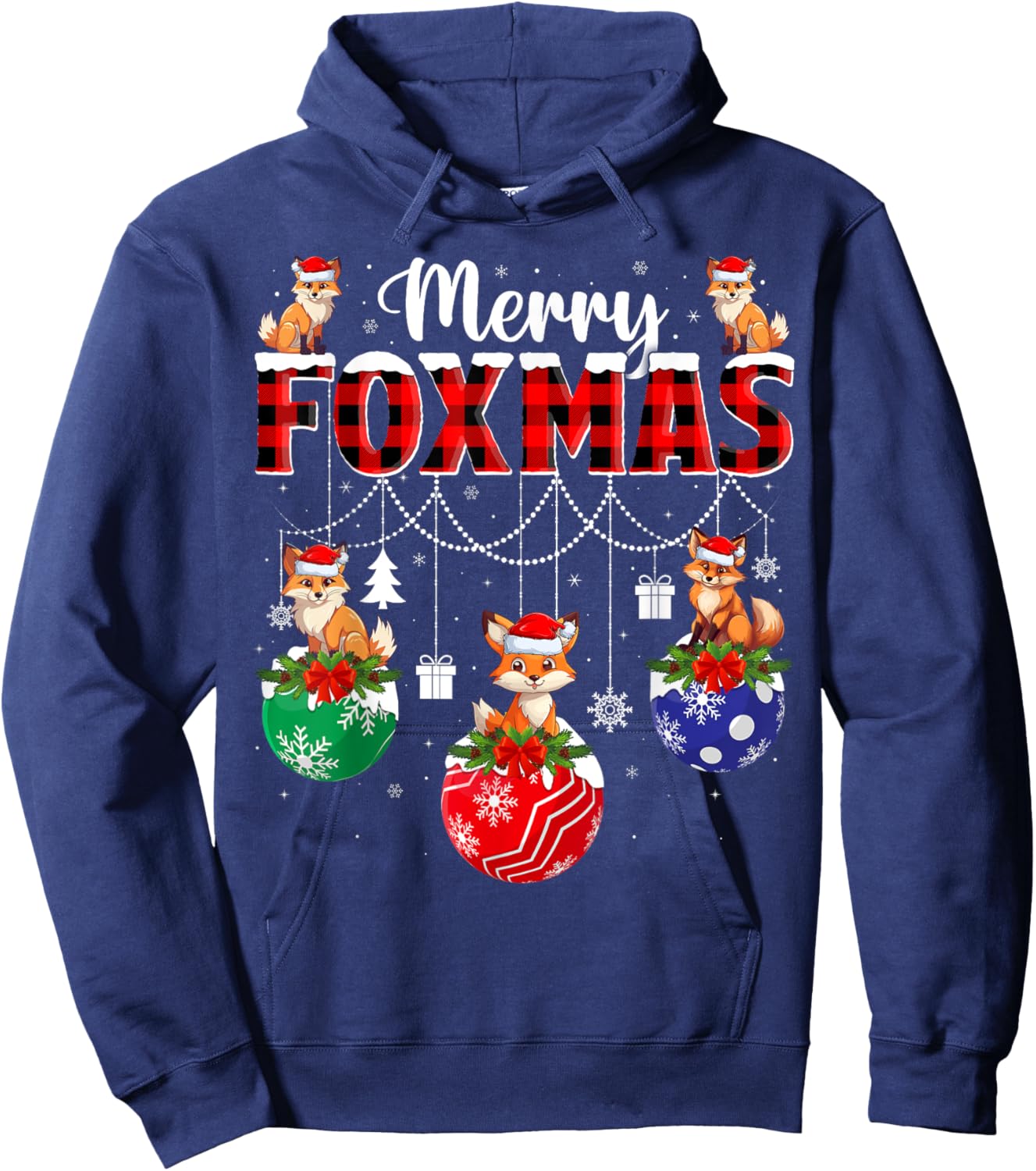 Merry Foxmas Xmas Decoration Lights Santa Fox Christmas Hoodie - Hoodie | Navy