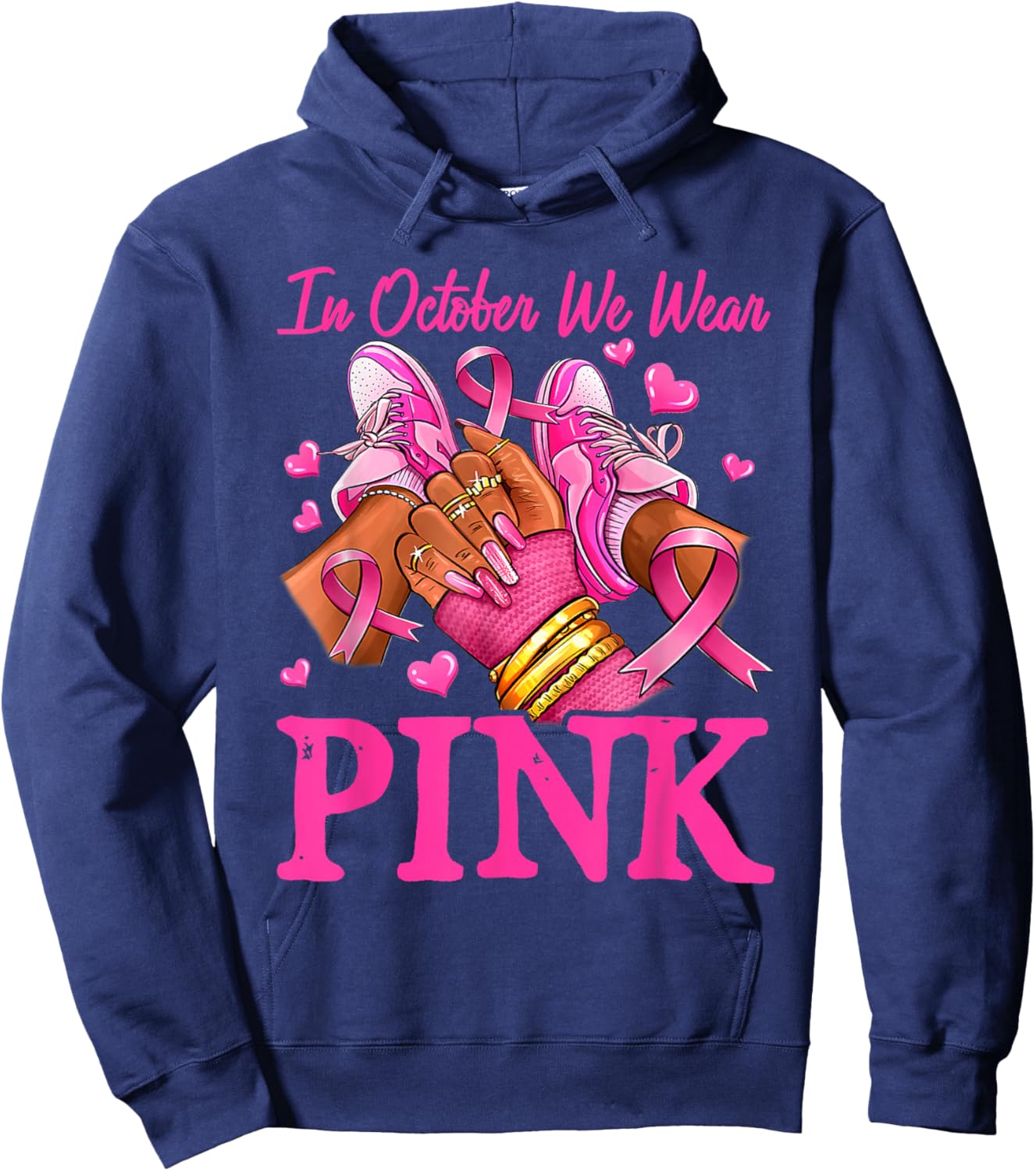 In October We Wear Pink Black Women Breast Cancer Awareness Hoodie - Hoodie | Navy