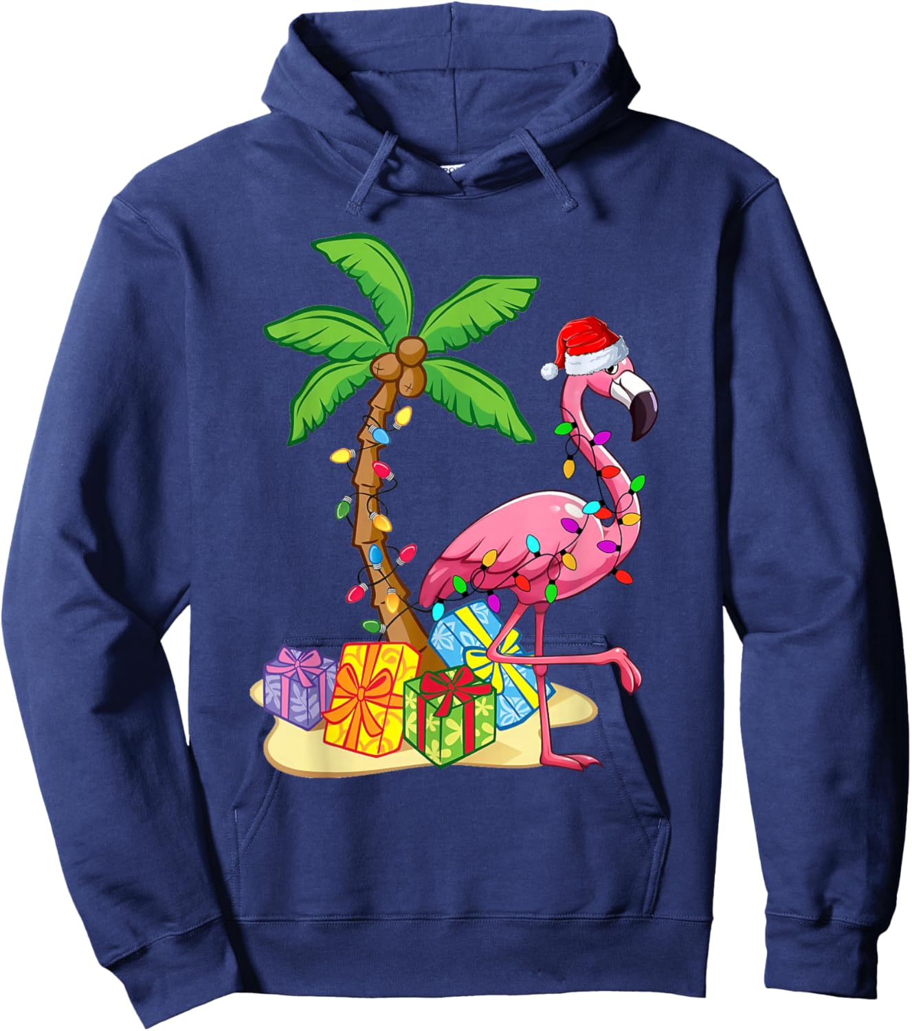 Flamingo Santa Hat Palm Tree Merry Christmas Lights Hoodie - Hoodie | Navy