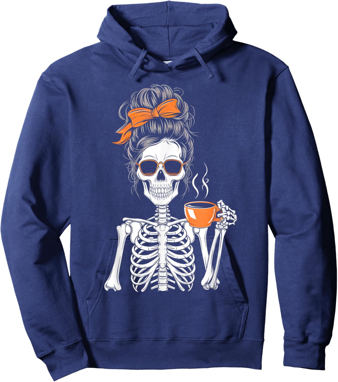 Halloween Skeleton Messy Bun Coffee Funny Costume Mom Women Hoodie - Hoodie | Navy