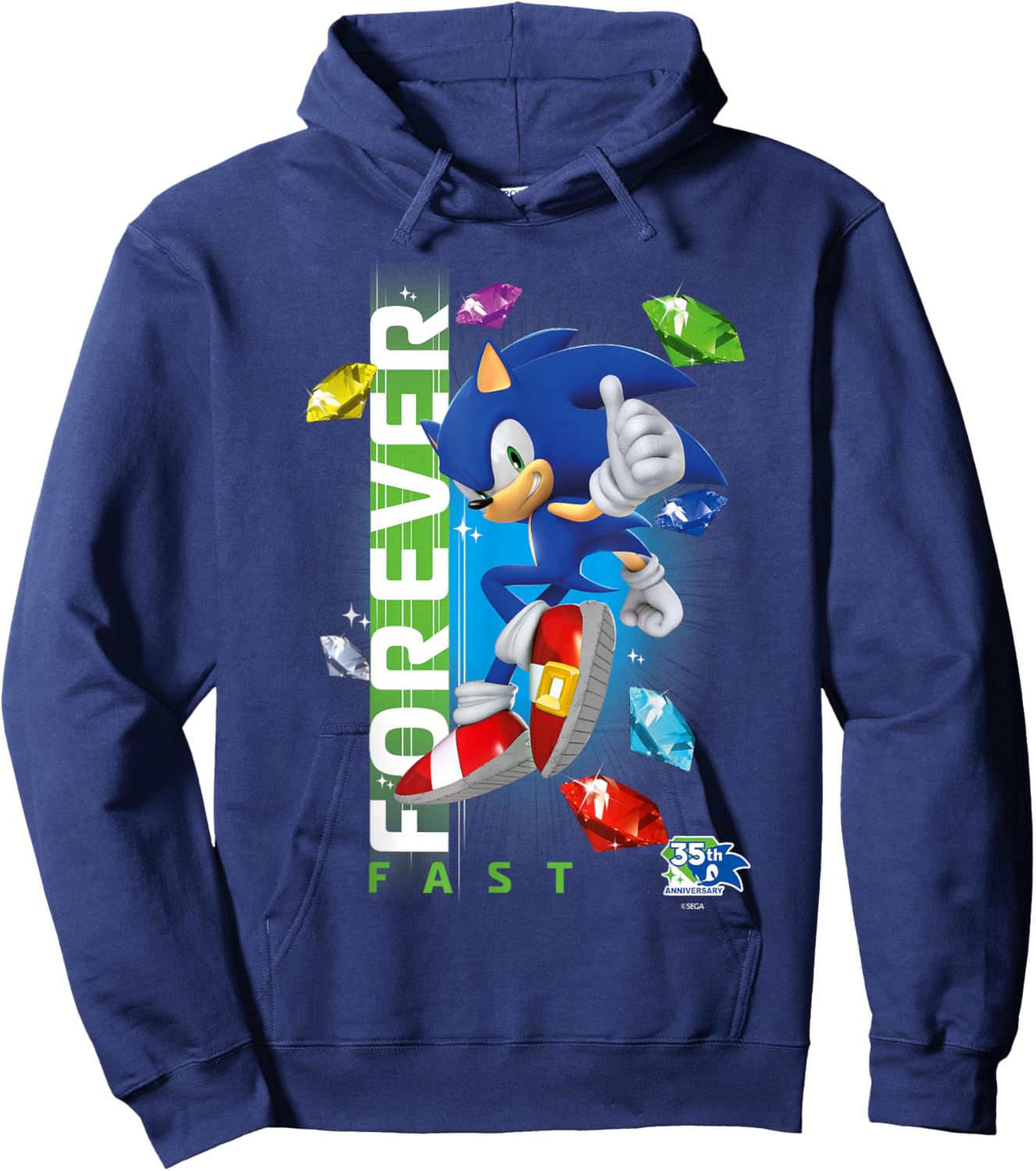 Sonic The Hedgehog 35th Anniversary Forever Fast Emeralds T-Shirt Hoodie - Hoodie | Navy