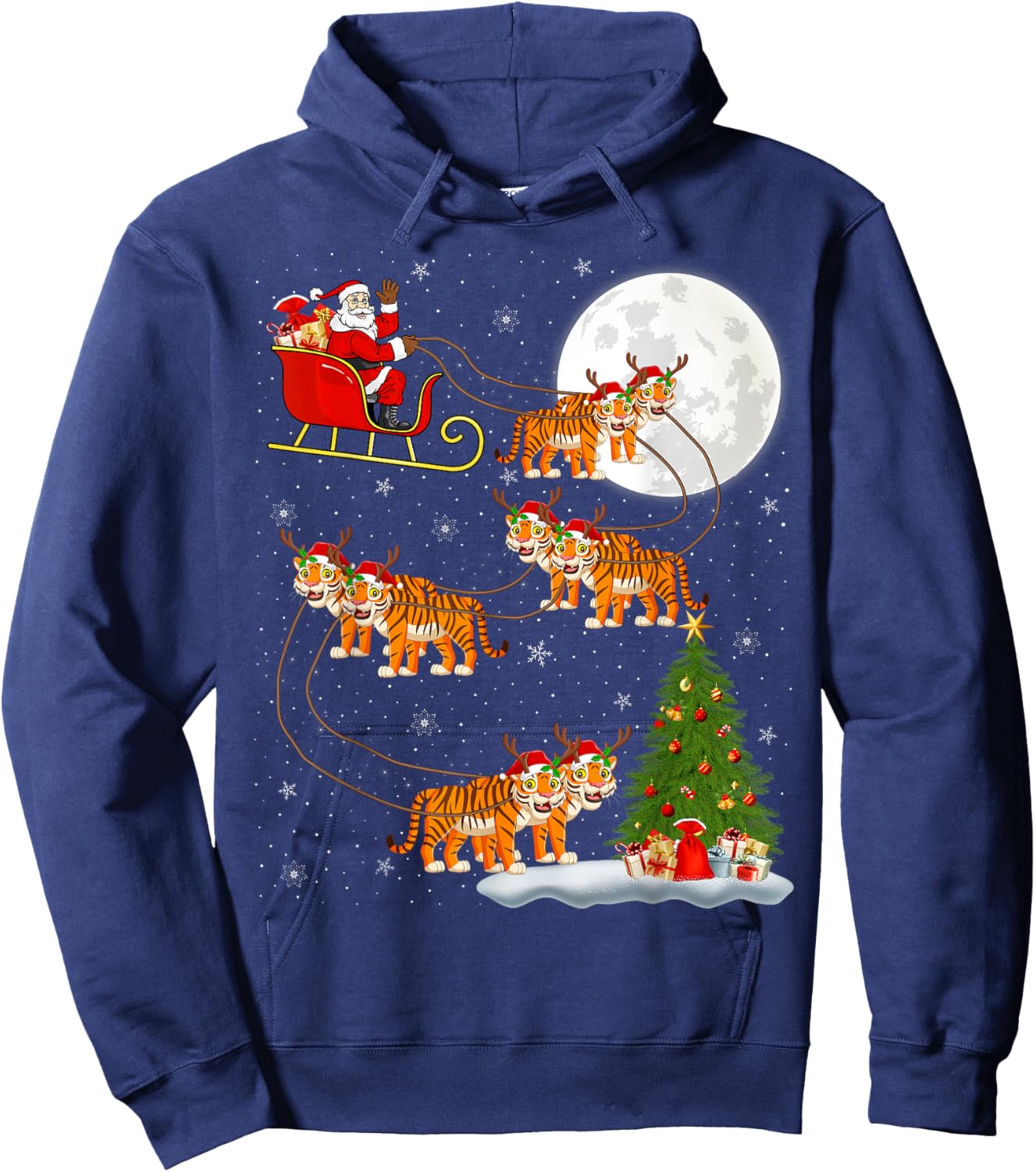 Xmas Tree Lights Funny Santa Riding Tiger Christmas Hoodie - Hoodie | Navy