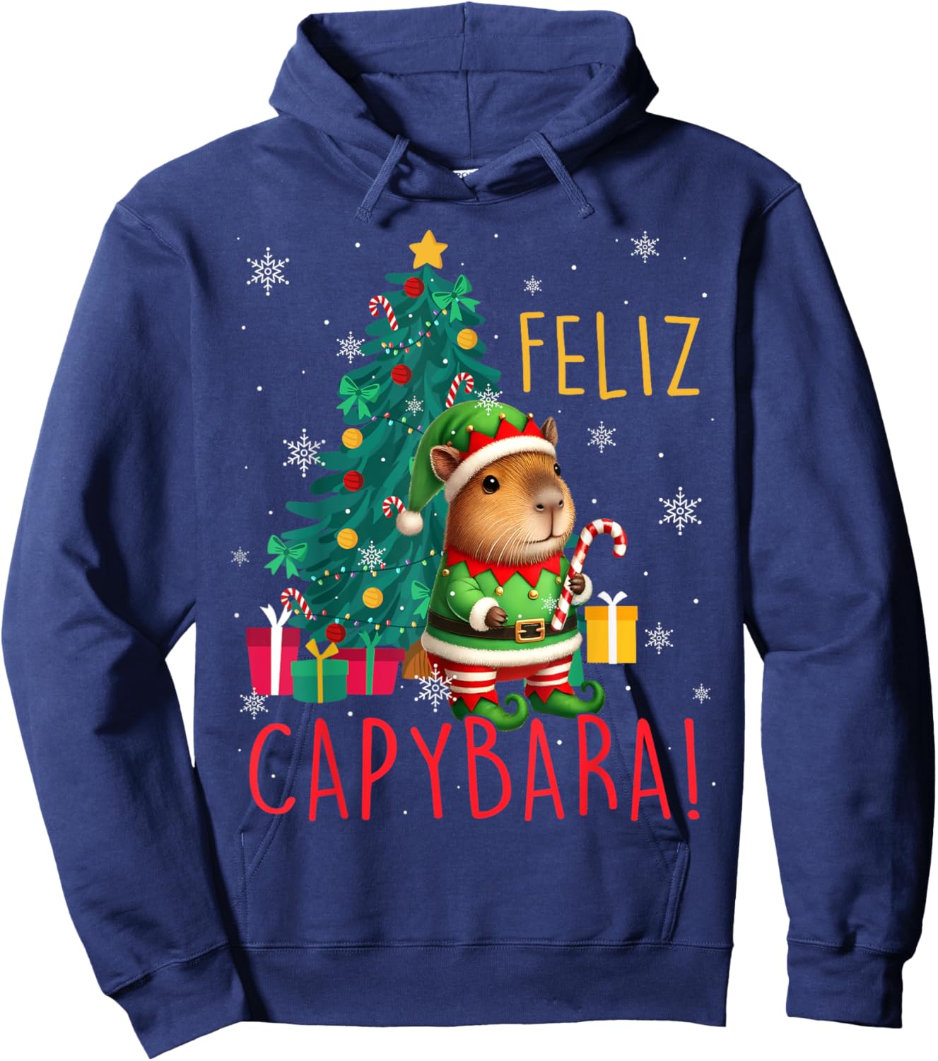 Feliz Capybara Elf Xmas Christmas Tree Checkered Candy Cane Hoodie - Hoodie | Navy