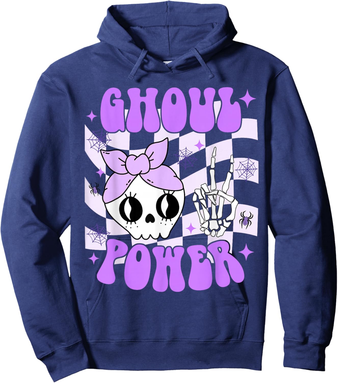 Ghoul Power Halloween Skeleton Peace Hand Checkered Girl Kid Hoodie - Hoodie | Navy