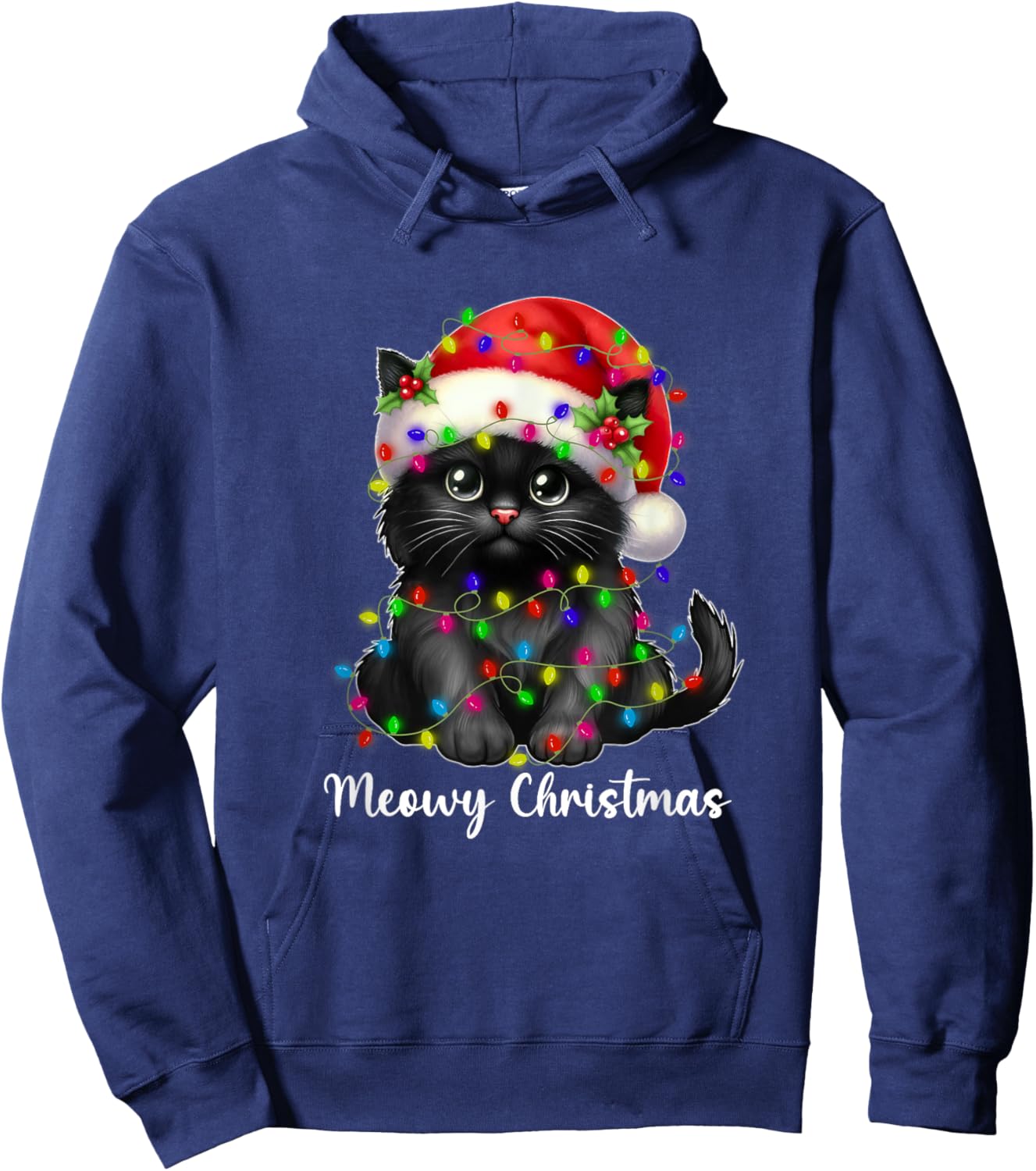 Meowy Christmas Lights Funny Family Black Cat Xmas Matching Hoodie - Hoodie | Navy