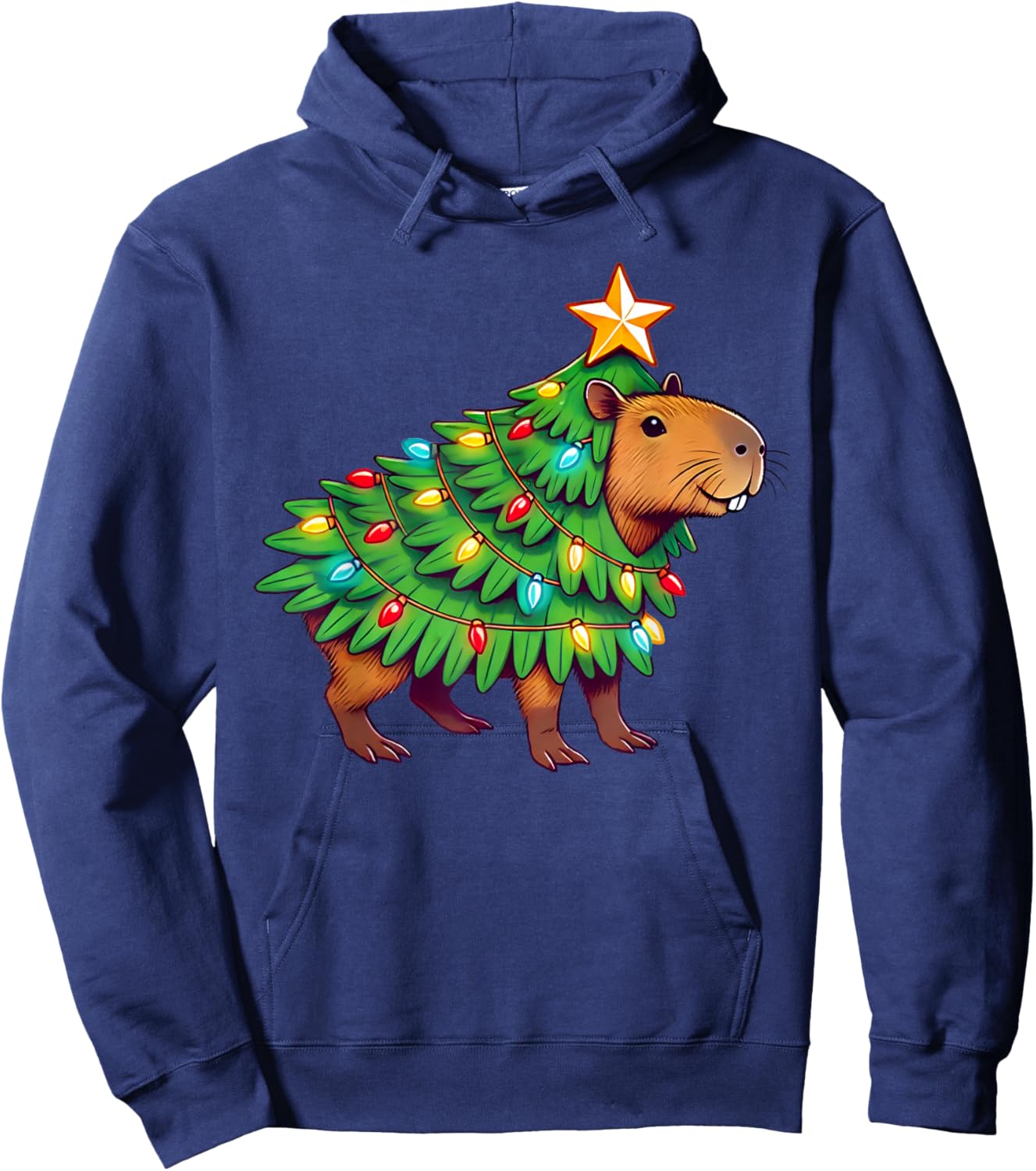 Capybara Christmas & Capypara Gifts -Adult Christmas Black Small Modern Capybara Print Round Collar Short Sleeve Hoodie - Hoodie | Navy