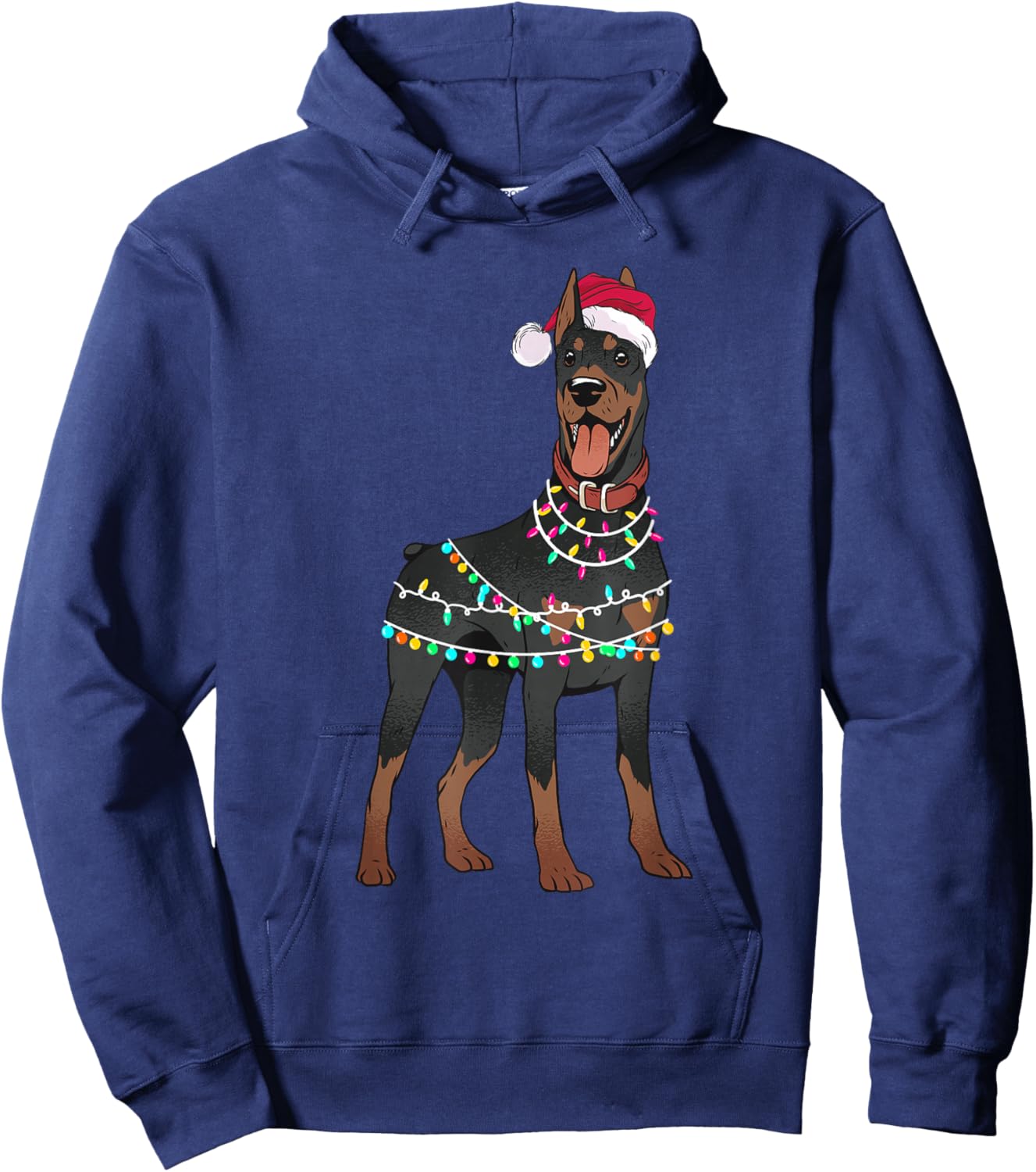 Doberman Santa Christmas Lights Dog Hoodie - Hoodie | Navy