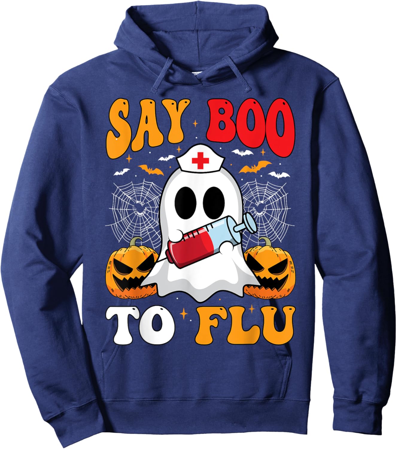 Say Boo To The Flu Halloween Nurses Ghost Boo To Flu Shot Hoodie - Hoodie | Navy