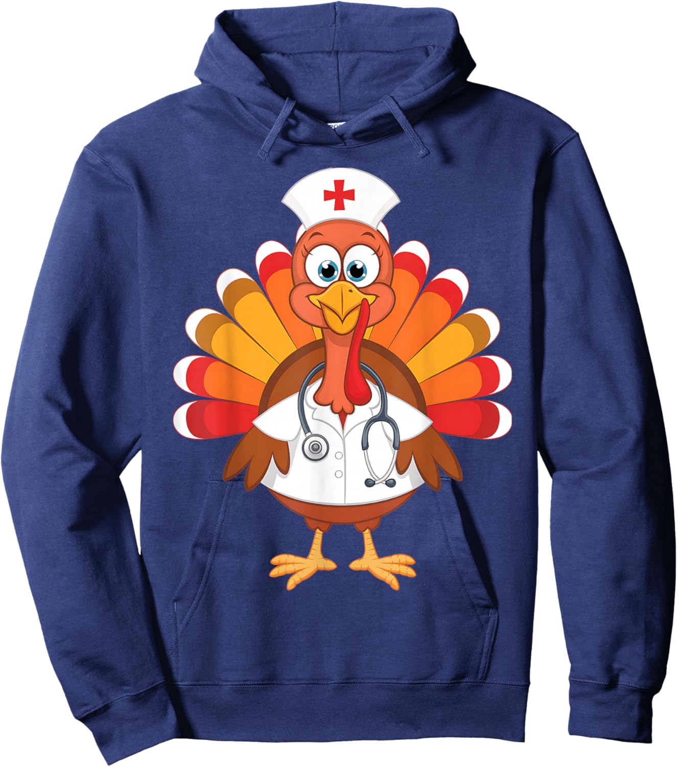 Thanksgiving Scrub Tops Women Turkey Nurse Holiday Nursing Hoodie - Hoodie | Navy