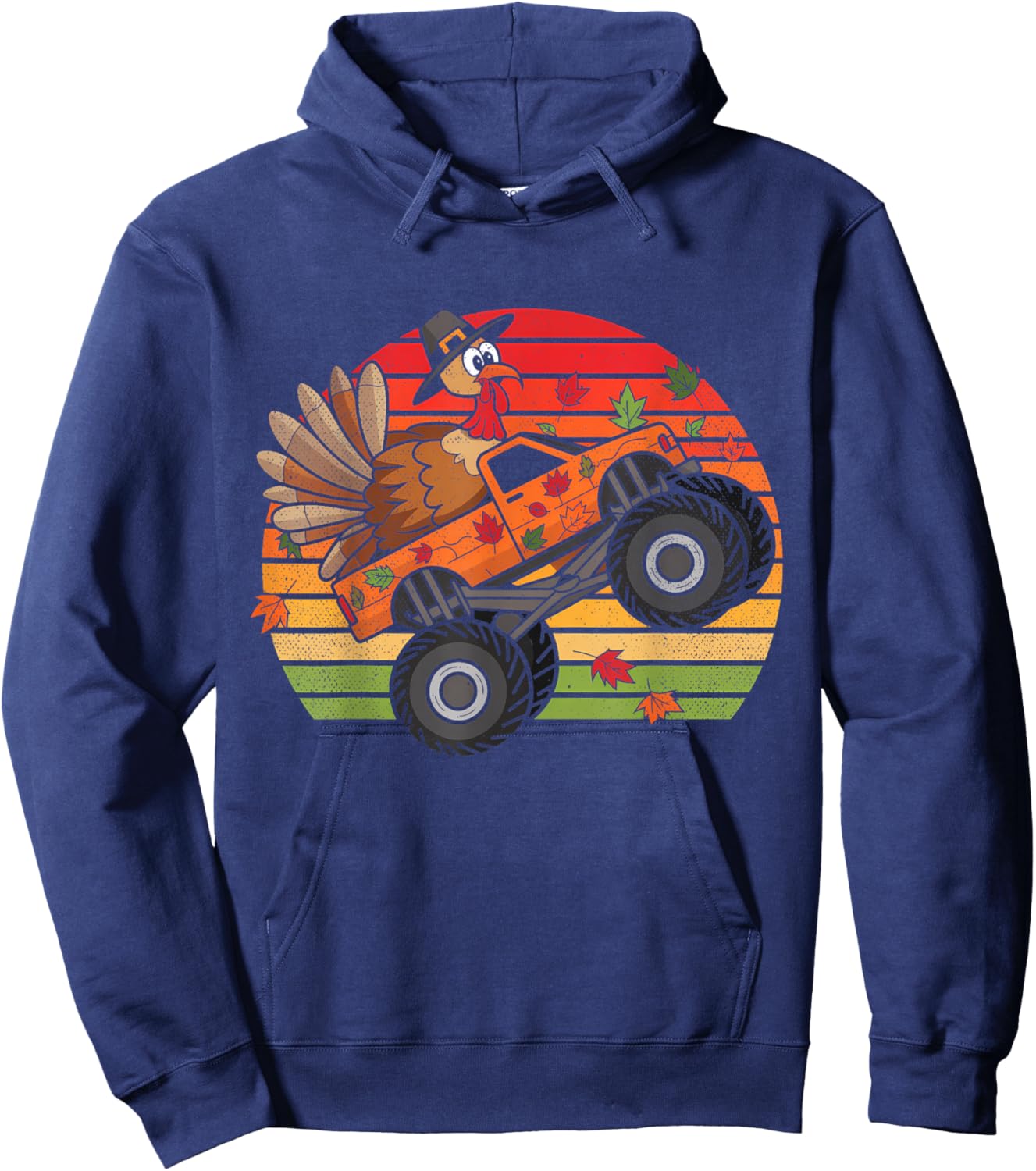 Kids Monster Truck Turkey Sunset Retro Thanksgiving Boy Kid Hoodie - Hoodie | Navy