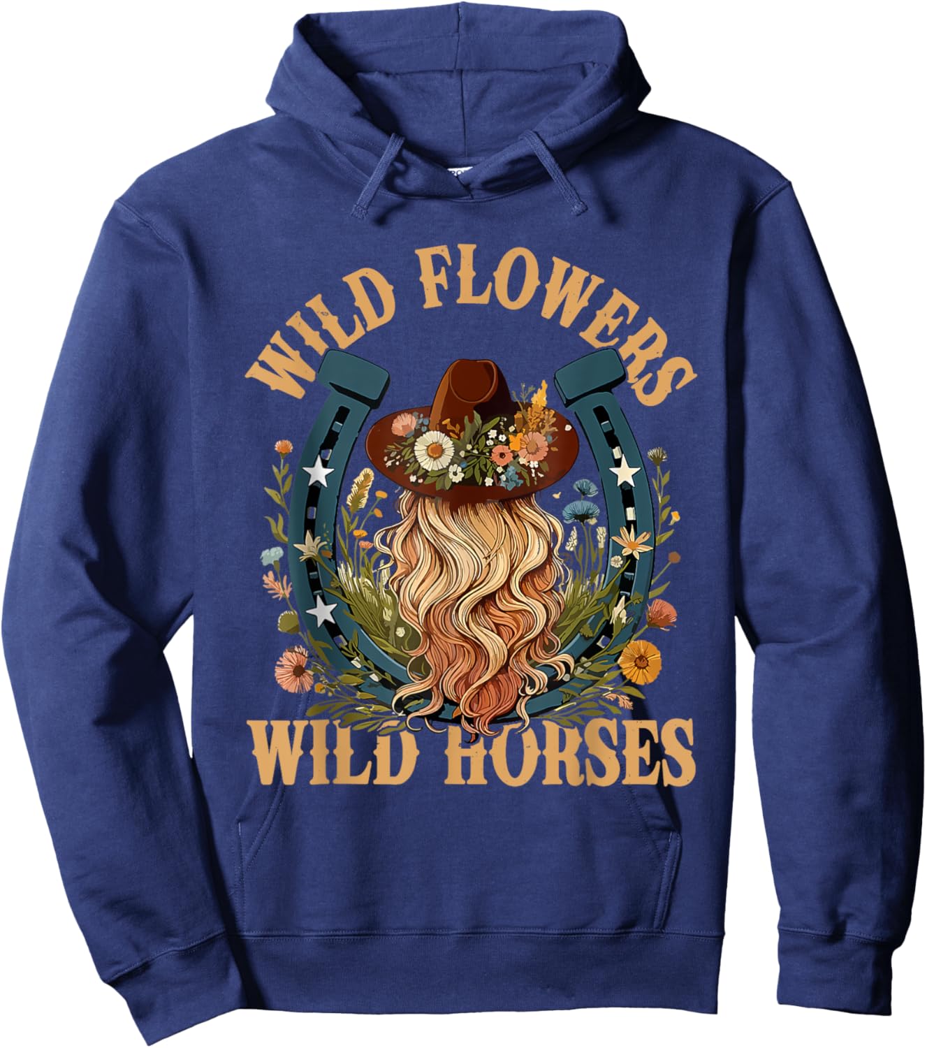 Vintage Western Southern Cowgirl Ridding Horse Wild Flowers Hoodie - Hoodie | Navy