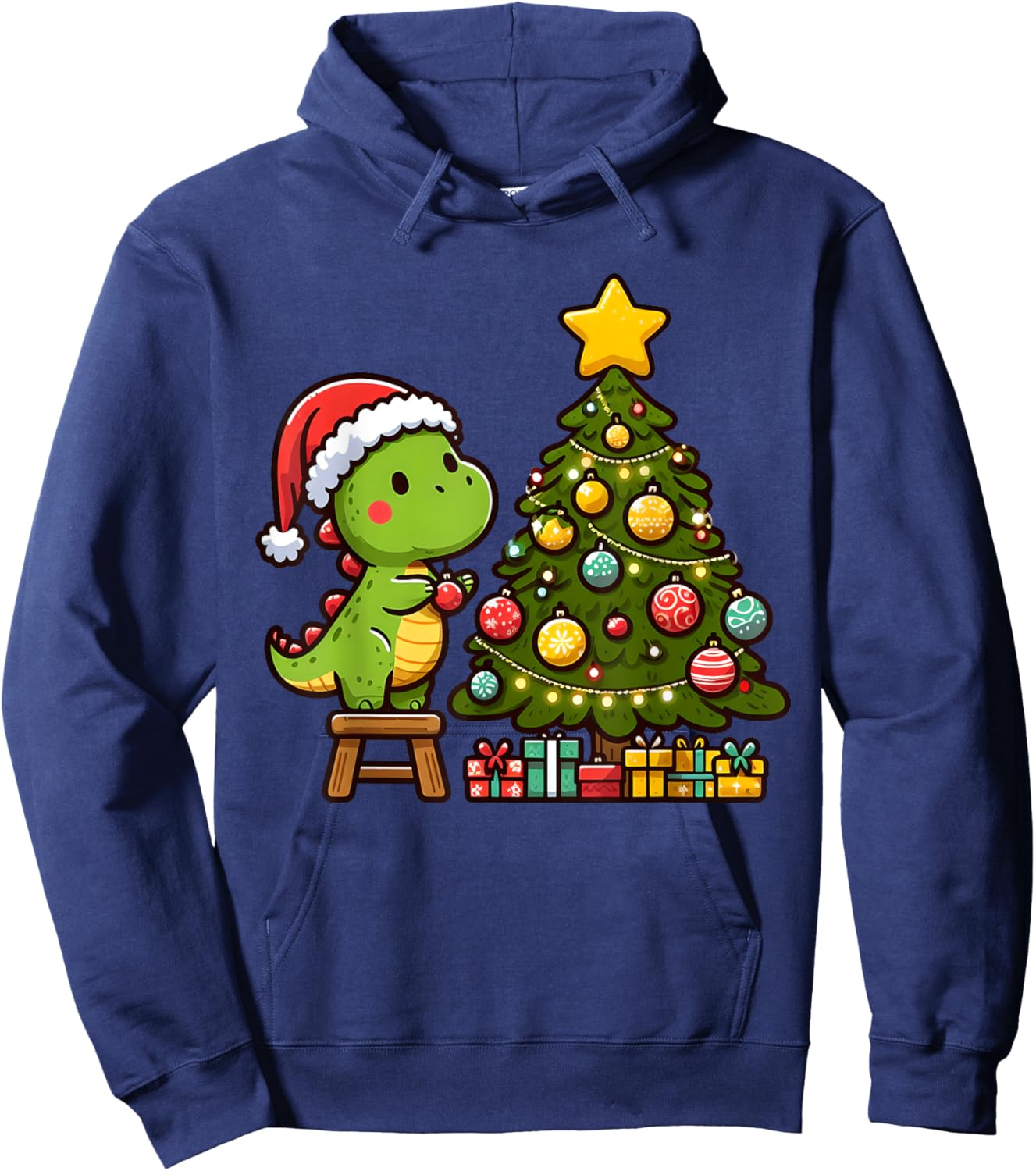 Cute T Rex Dinosaur Decorating Christmas Tree Xmas Holiday Hoodie - Hoodie | Navy