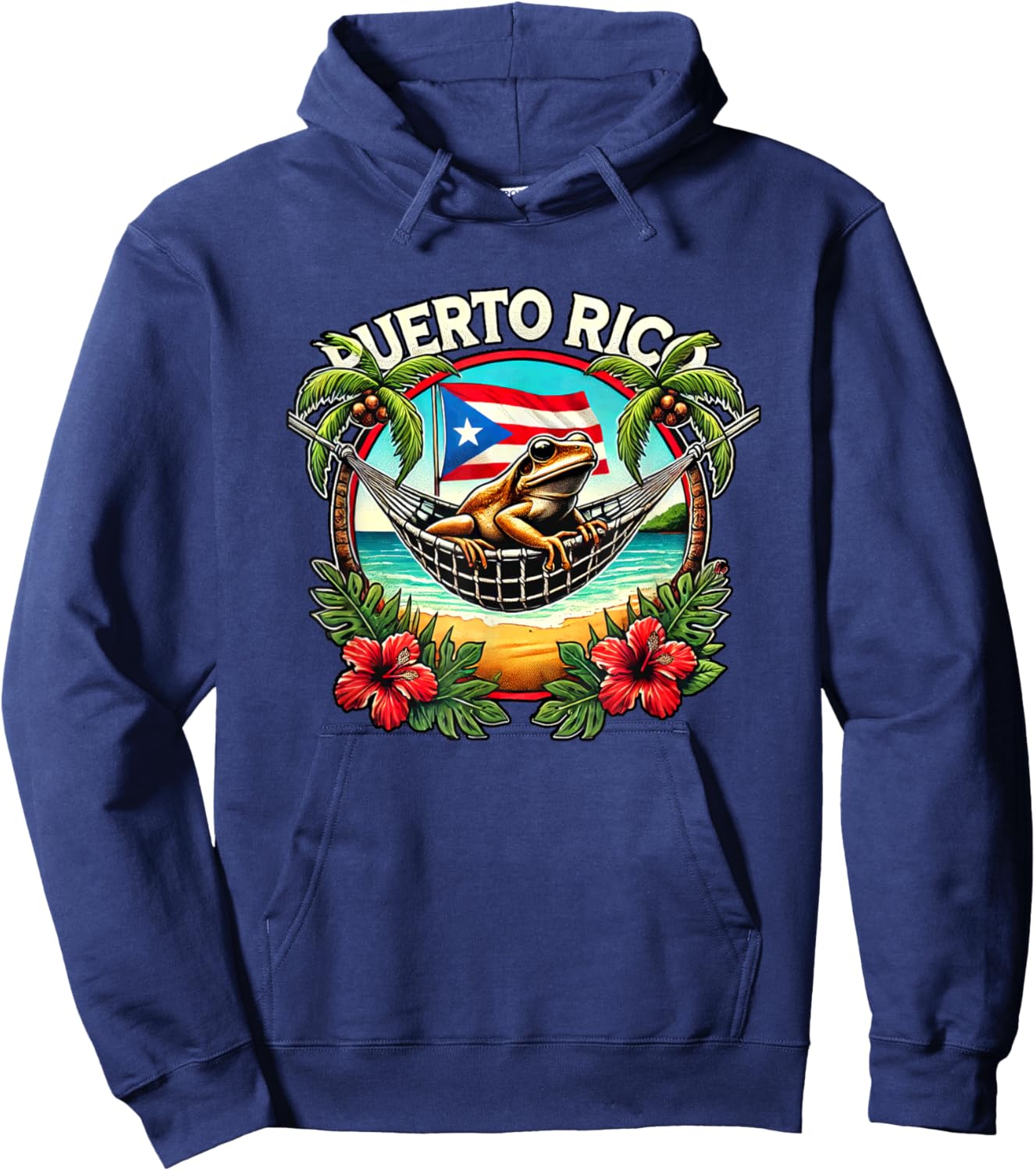 Puerto Rico Vacation Coqui Hammock Palm Trees Flowers Beach Hoodie - Hoodie | Navy