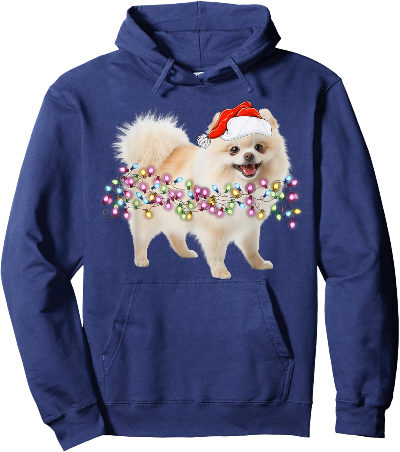 Cute Pomeranian Santa Christmas Tree Lights -Families, Kids, and Cartoon Lovers Black Small Classic Fit Short Sleeve Hoodie - Hoodie | Navy