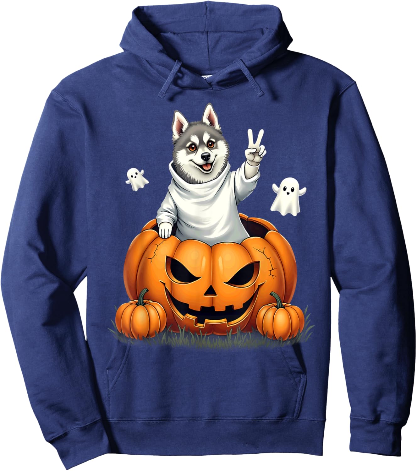 Pumpkin Boo Ghost Alaskan Klee Kai Dog Halloween Costume Hoodie - Hoodie | Navy