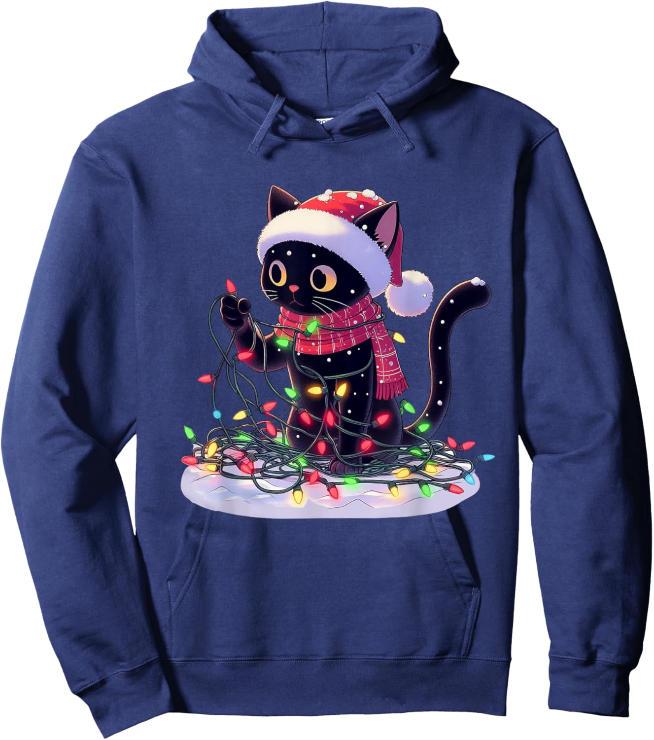 Black Cat Santa Tangled Up In Christmas Tree Lights Holiday Hoodie - Hoodie | Navy