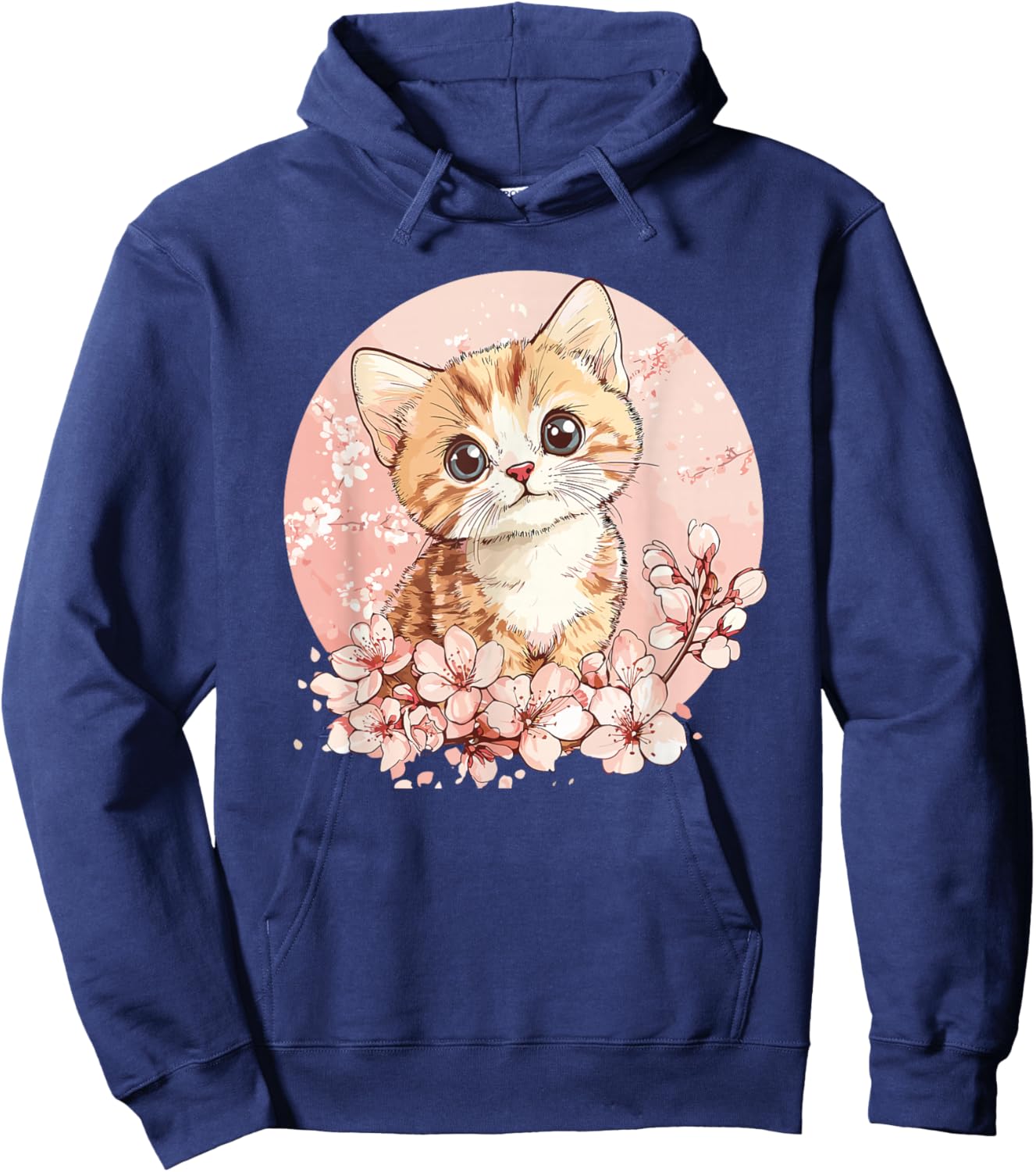 Cute Kitten Surrounded By Cherry Blossoms Hoodie - Hoodie | Navy