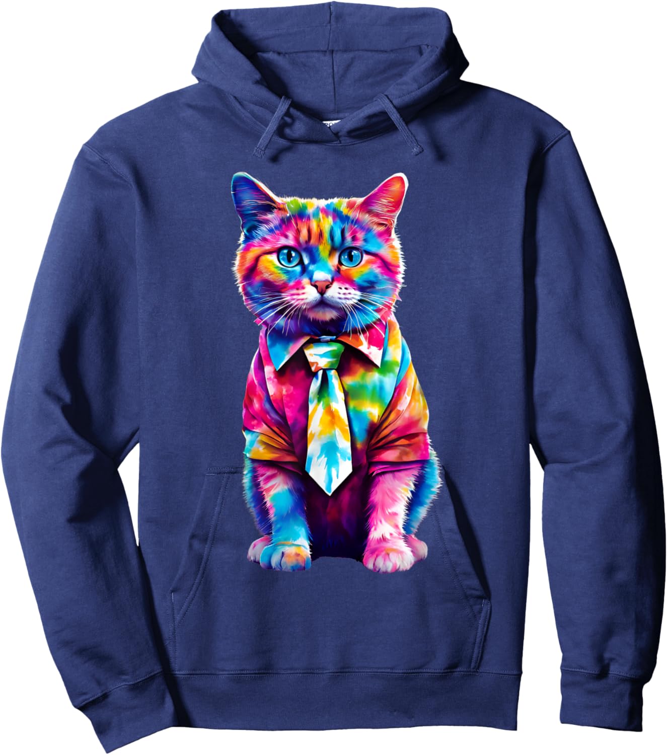 Colorful Rainbow Cat in Tie Dye Cute Funny Cat Lover Women Girls Kids Hoodie - Hoodie | Navy