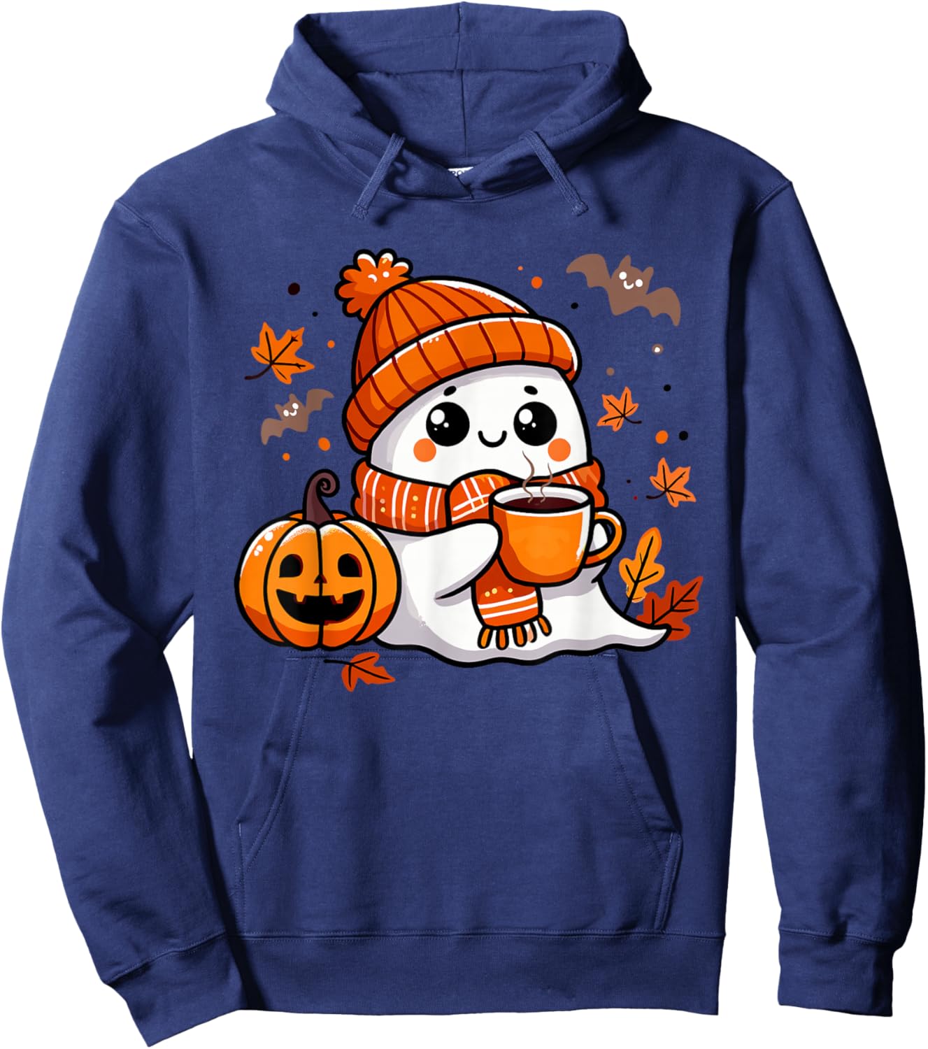 Halloween Ghost Drinking Coffee, Cute Kawaii Halloween Hoodie - Hoodie | Navy