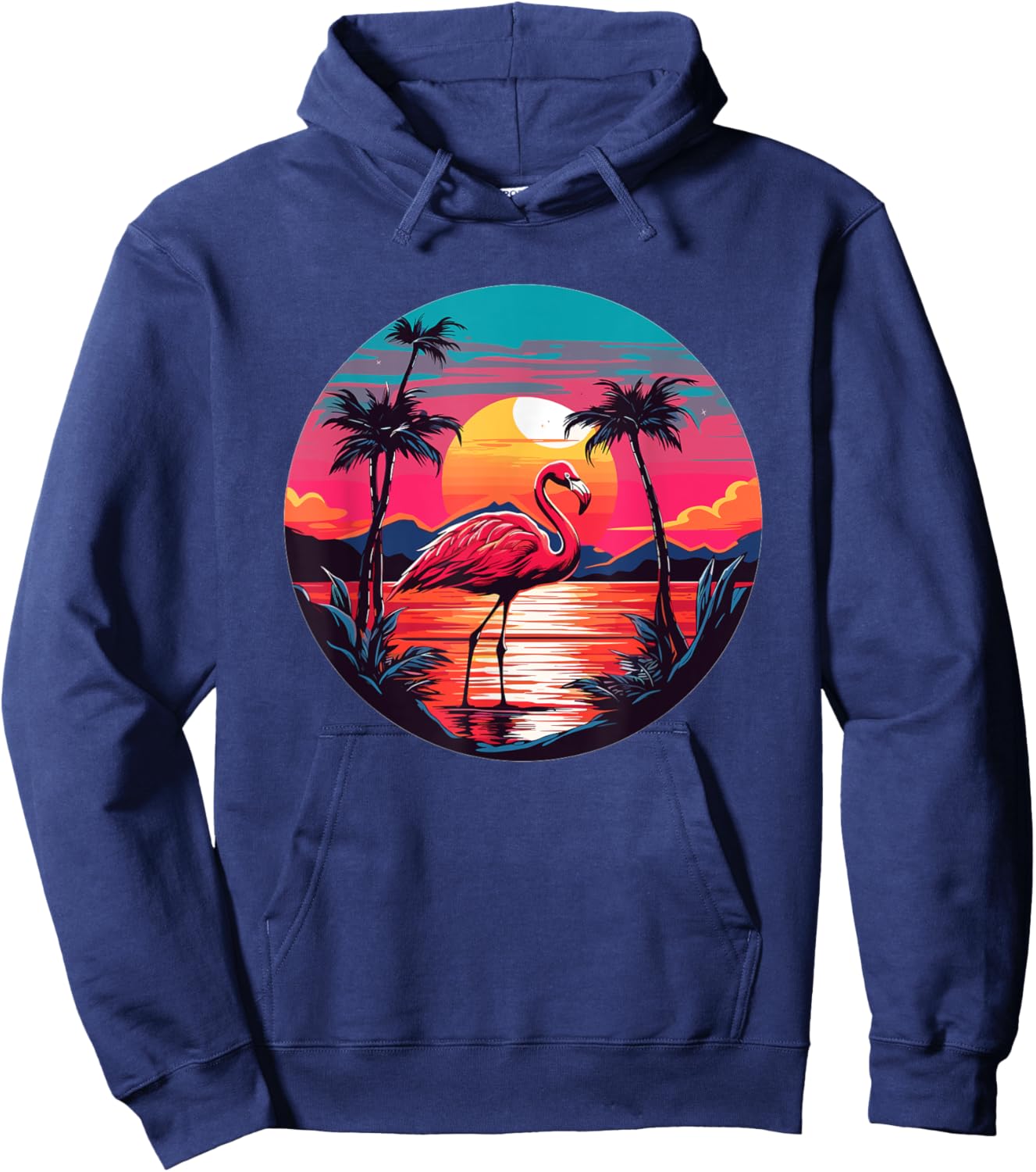 Flamingo Tropical Sunset Beach Palm Trees Hoodie - Hoodie | Navy