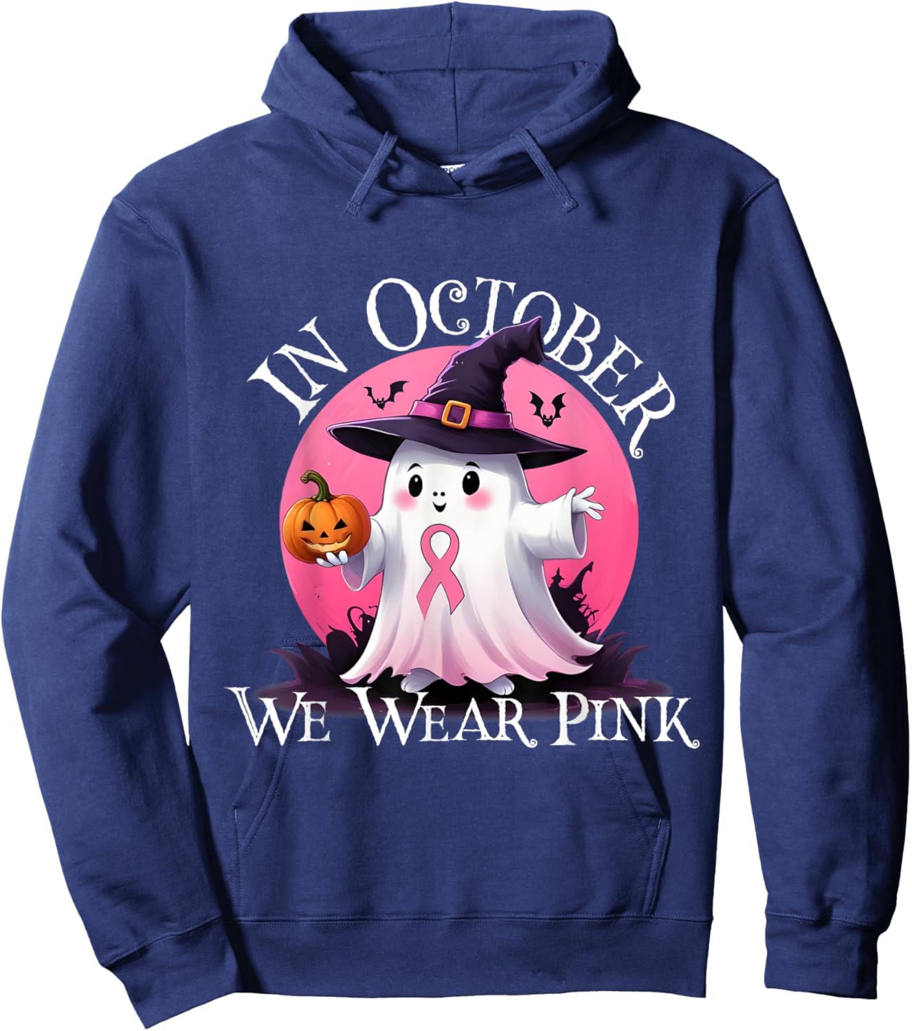 In October We Wear Pink Ghost Breast Cancer Awareness Hoodie - Hoodie | Navy