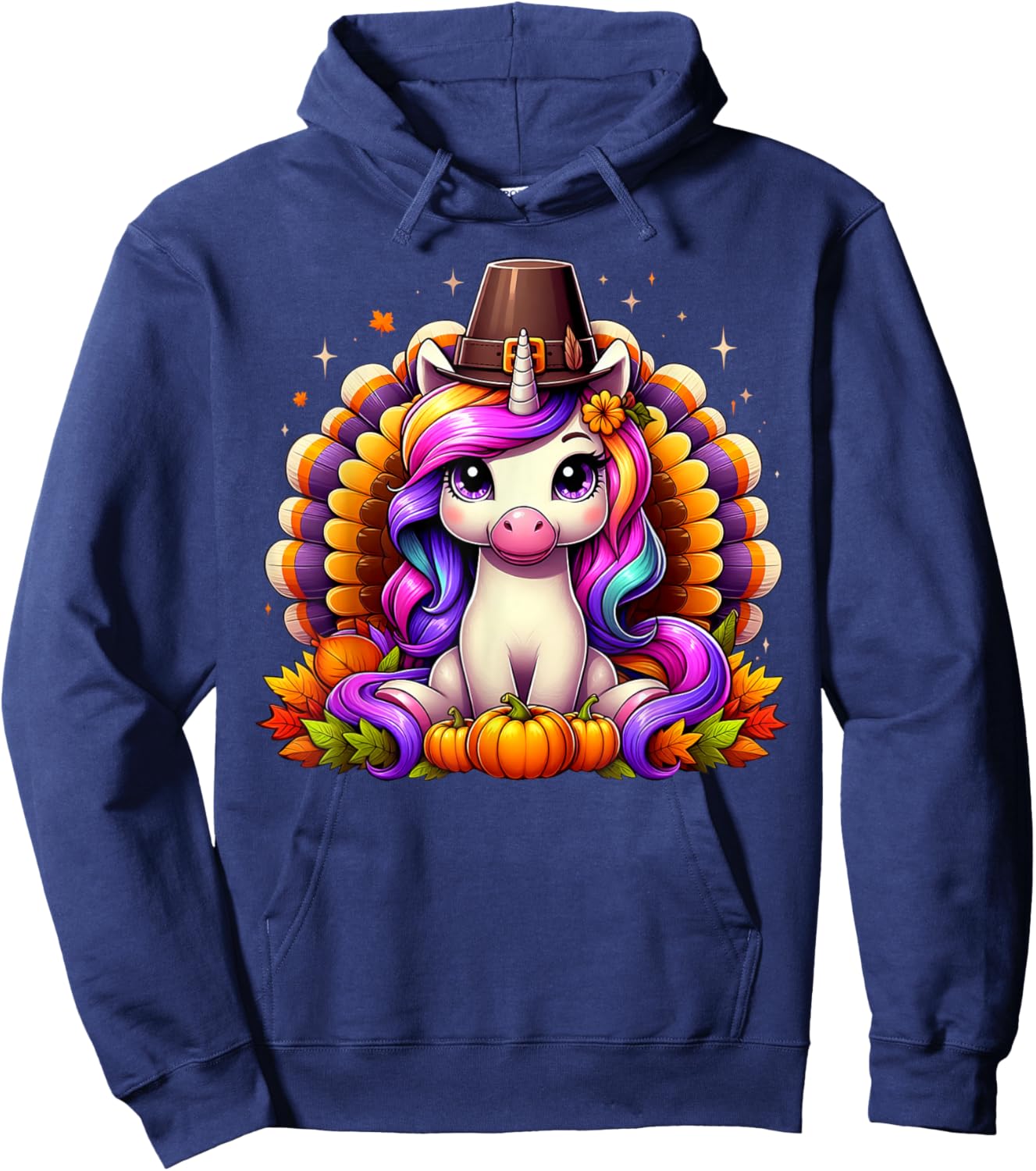 Happy Thanksgiving Toddler Turkey Cute Unicorn Girls Kids Hoodie - Hoodie | Navy