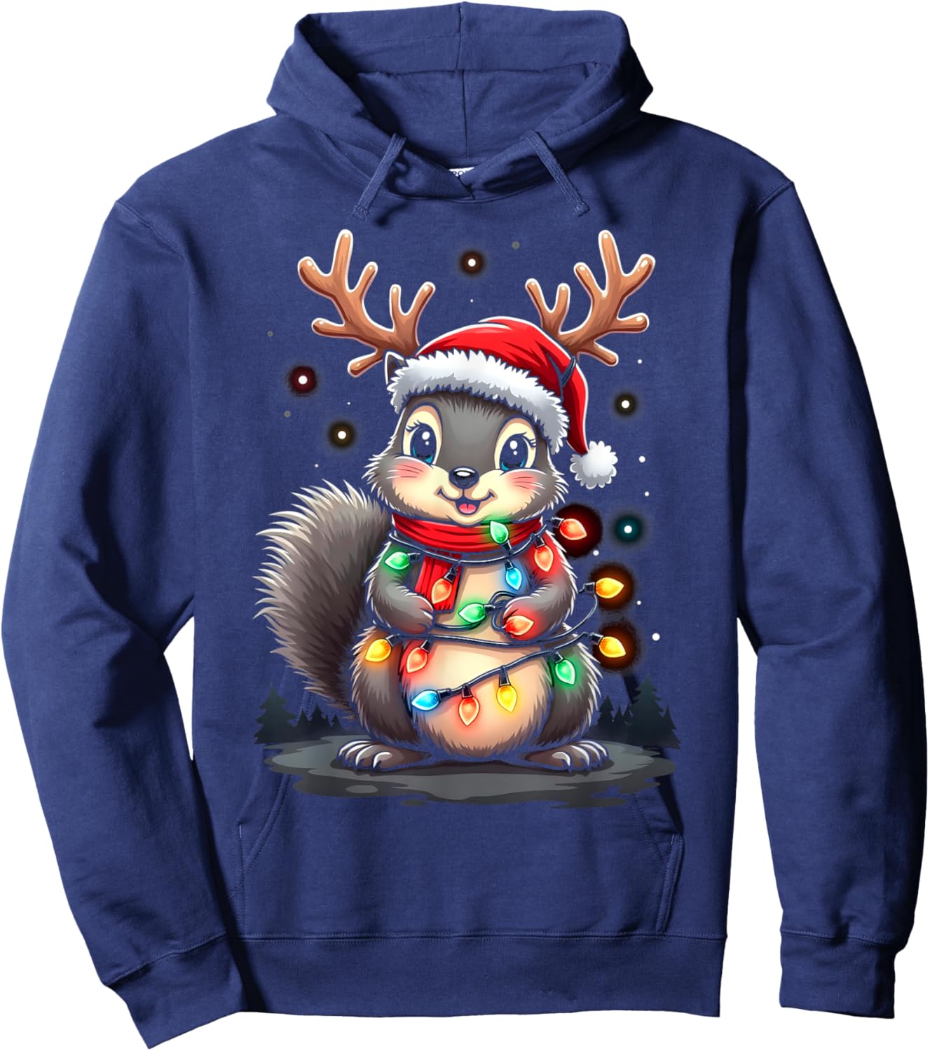 Squirrel Christmas 2024 With Lights & Holiday Xmas Men Women Hoodie - Hoodie | Navy