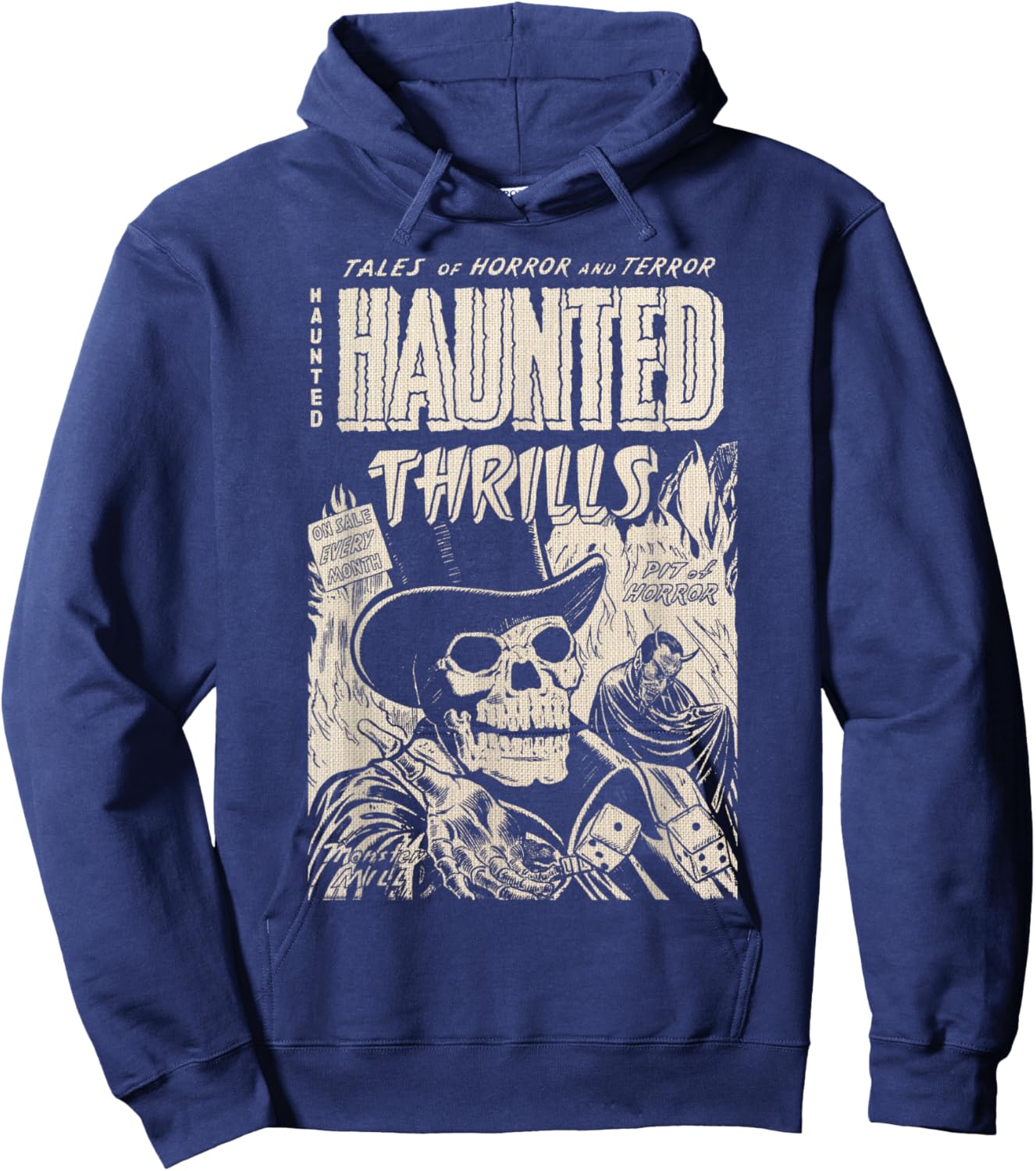 Vintage Master of Horror Skeleton Skull Haunted Thrills Hoodie - Hoodie | Navy