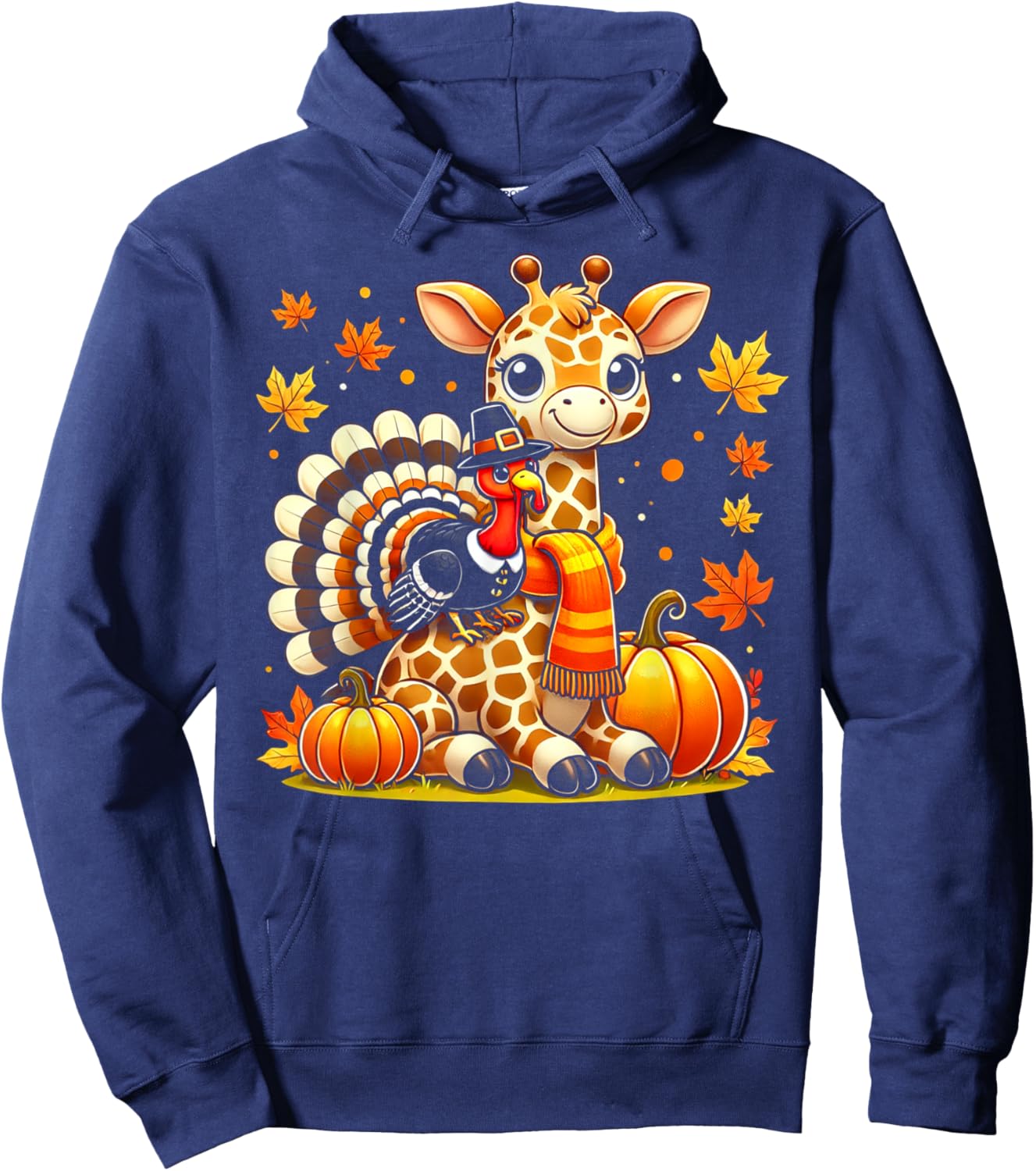 Thanksgiving Turkey Riding Giraffe With Fall Pumpkins Hoodie - Hoodie | Navy