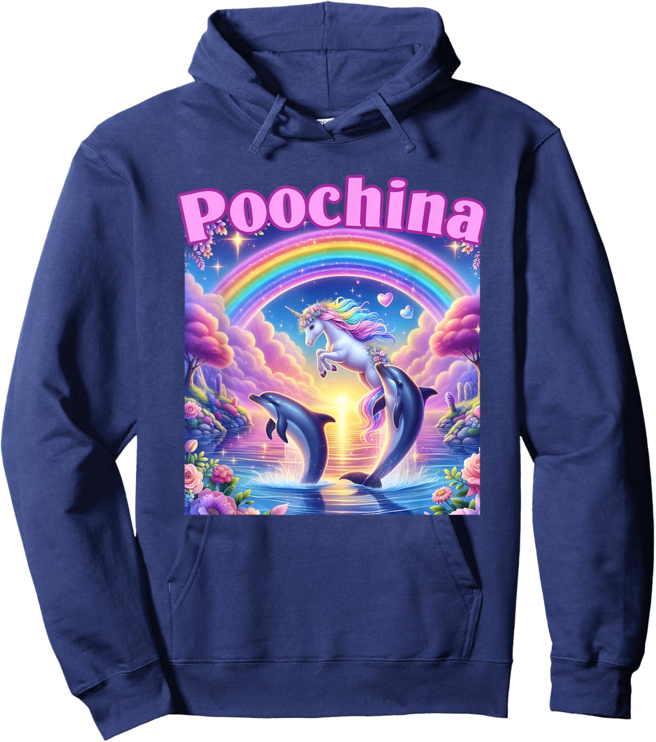 Poochina, Ironic Funny Meme, Women Trendy Dolphin Hoodie - Hoodie | Navy