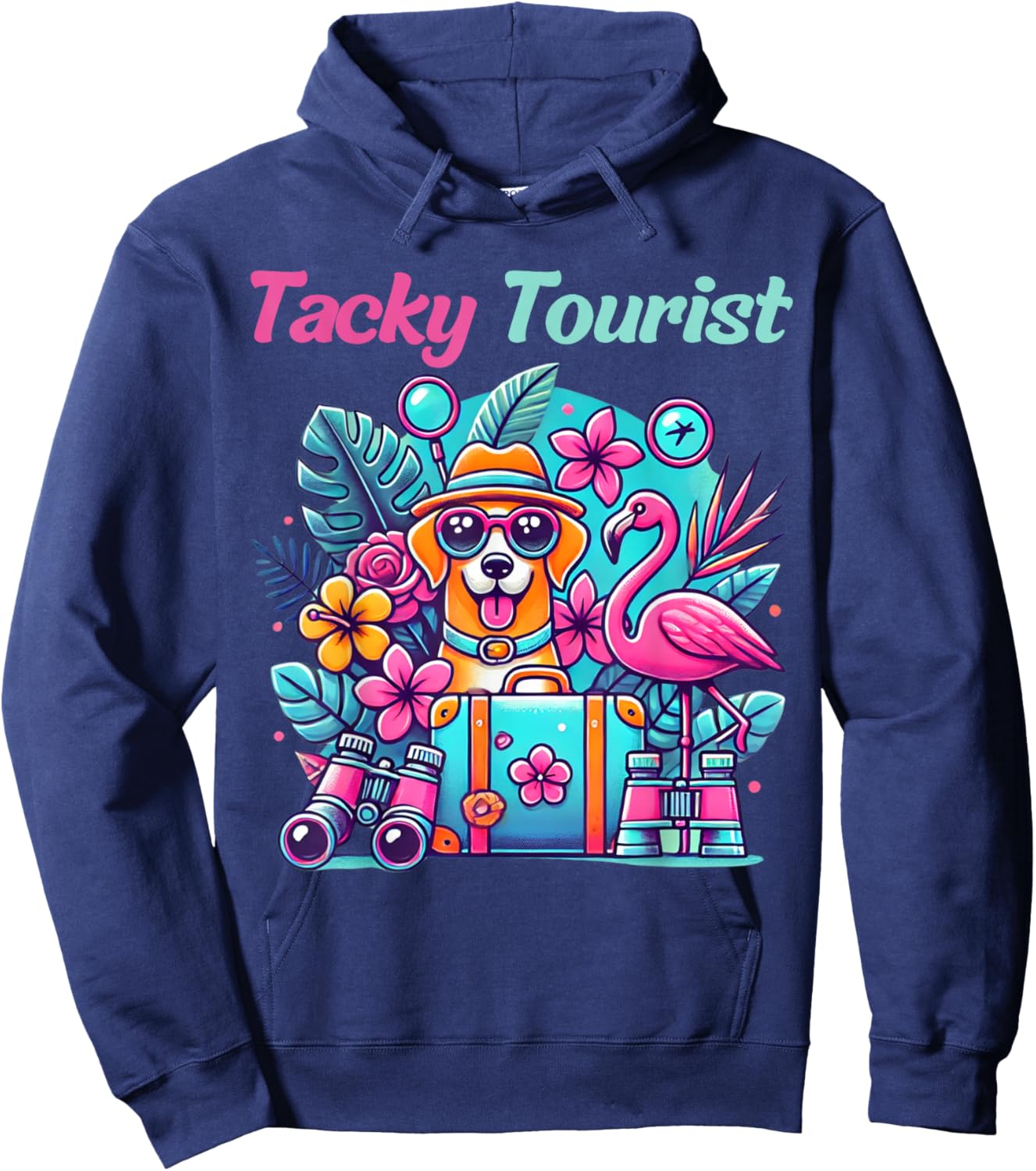 Vacation Tourist Apparel & Vintage Hawaiian Wear -Adults, -Kids Black Tie-Dye Cartoon Tacky Tourist Hawaiian Short Sleeve Small Hoodie - Hoodie | Navy