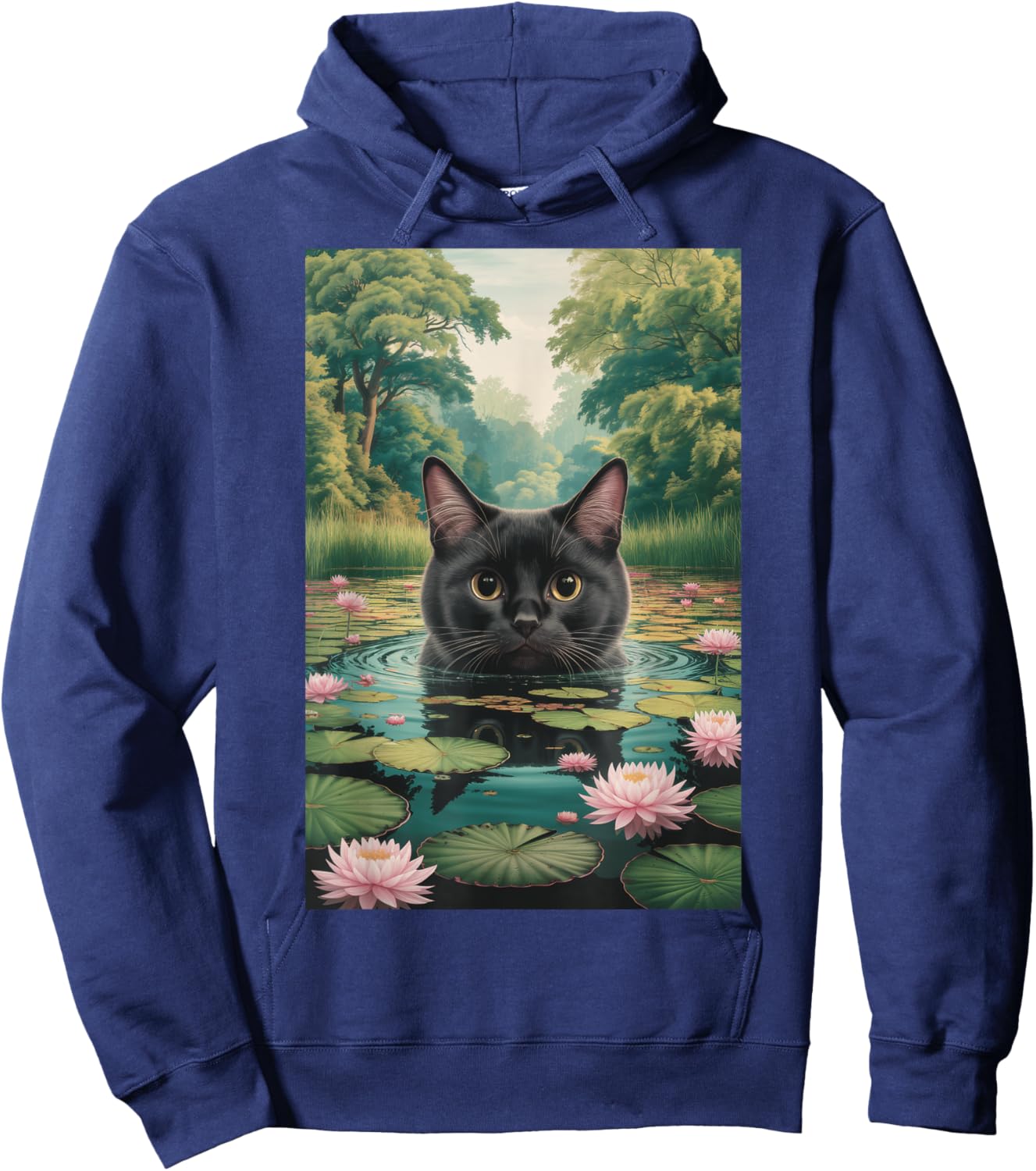Black Cat Monets Waterlily Painting Art Cat Hoodie - Hoodie | Navy